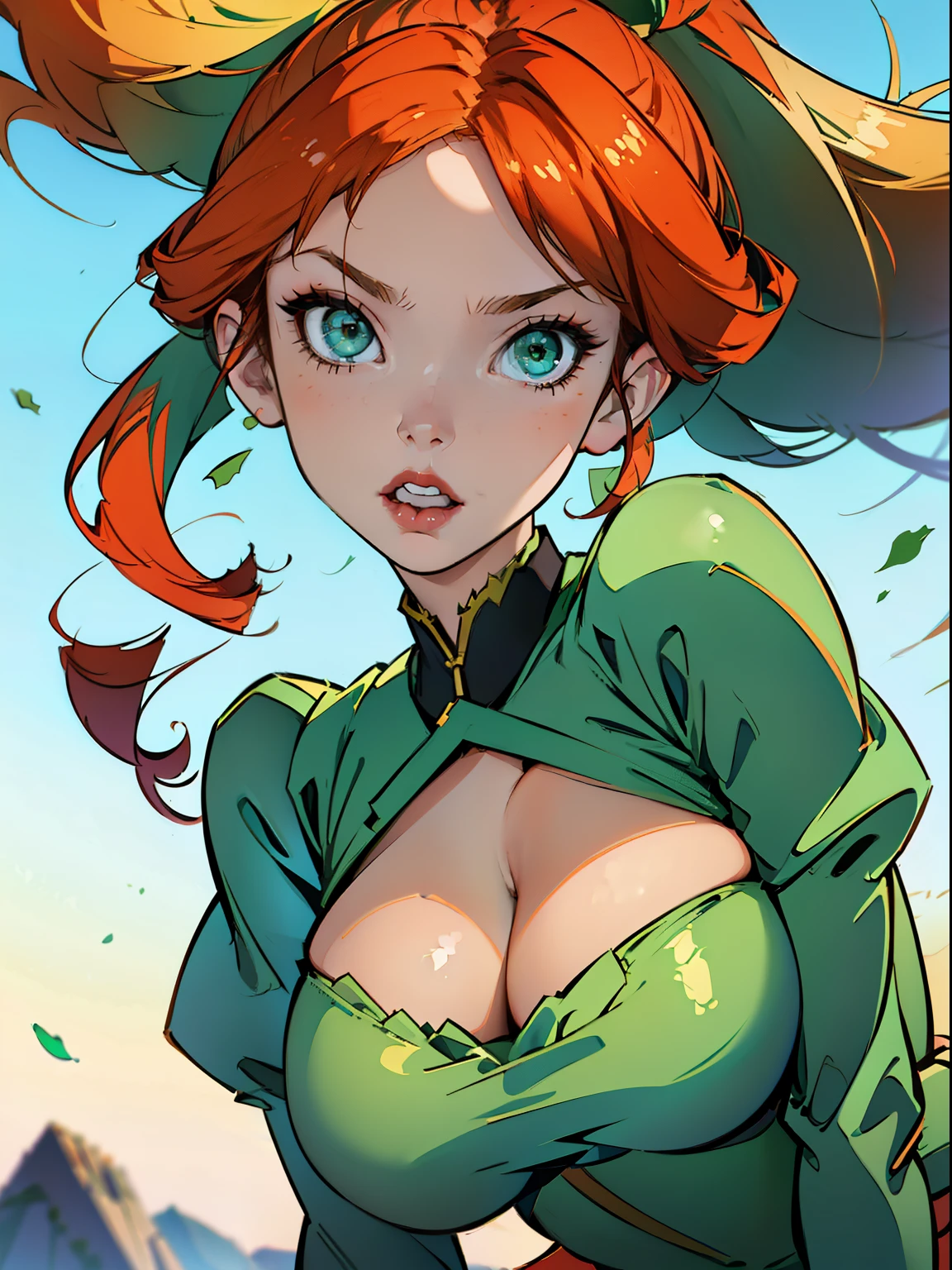 woman，huge boob ginger anime woman with green tight outfit on, large breasts and tight fitting clothes. long ginger hair and hreen eyes, focus on front of breasts and cleavage and look from perspective of close up camera