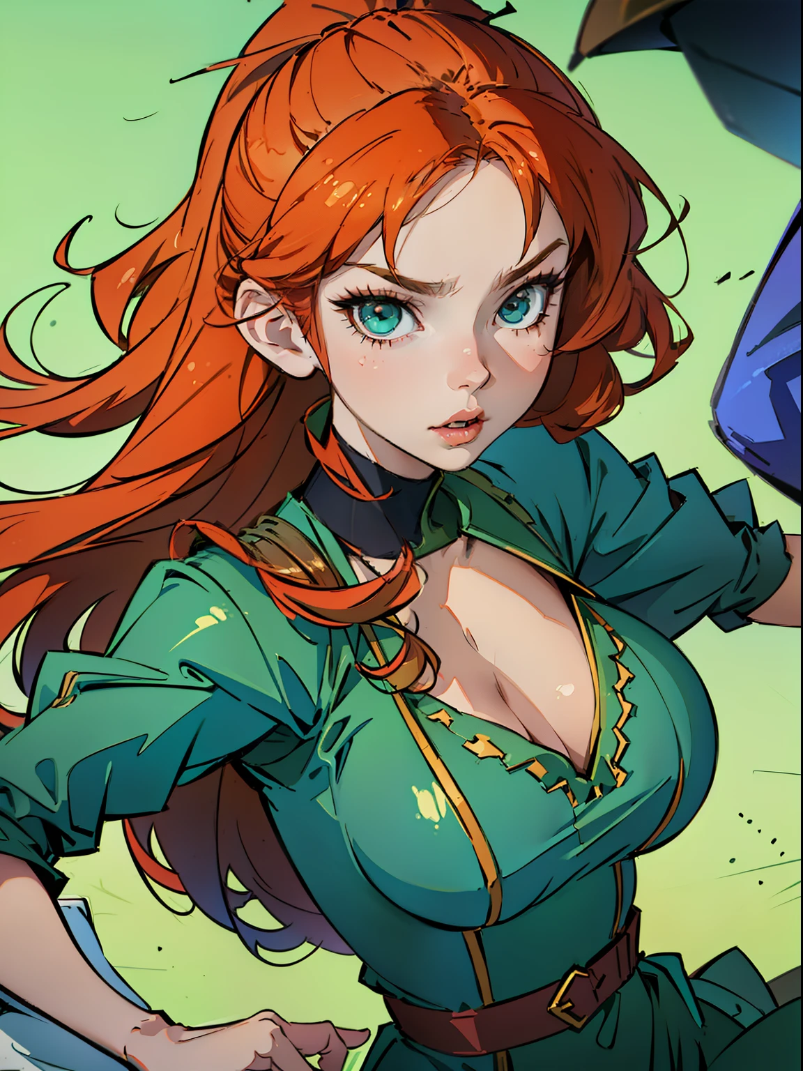 woman,huge boob ginger anime woman with green tight outfit on, large breasts and tight fitting clothes. long ginger hair and hreen eyes, focus on front of breasts and cleavage and look from perspective of close up camera