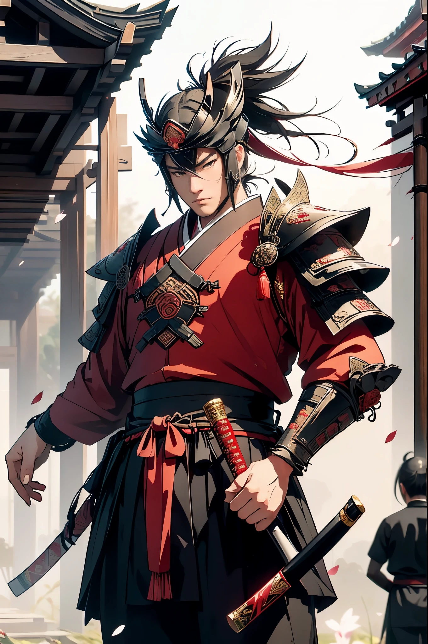 (best quality,highres:1.2),ultra-detailed,traditional Chinese samurai armor,warrior,stoic expression,serious,skilled swordsmanship,classic katana,samurai code of honor,sacred devotion,falling cherry blossom petals,ancient cherry blossom tree,authentic Chinese landscape,peaceful temple in the distance,subtle light and shadow,sublime artistry,brushstrokes,deep black ink wash,Manga-inspired,traditional woodblock print style,vibrant colors,delicate linework,faint scent of incense,serene atmosphere