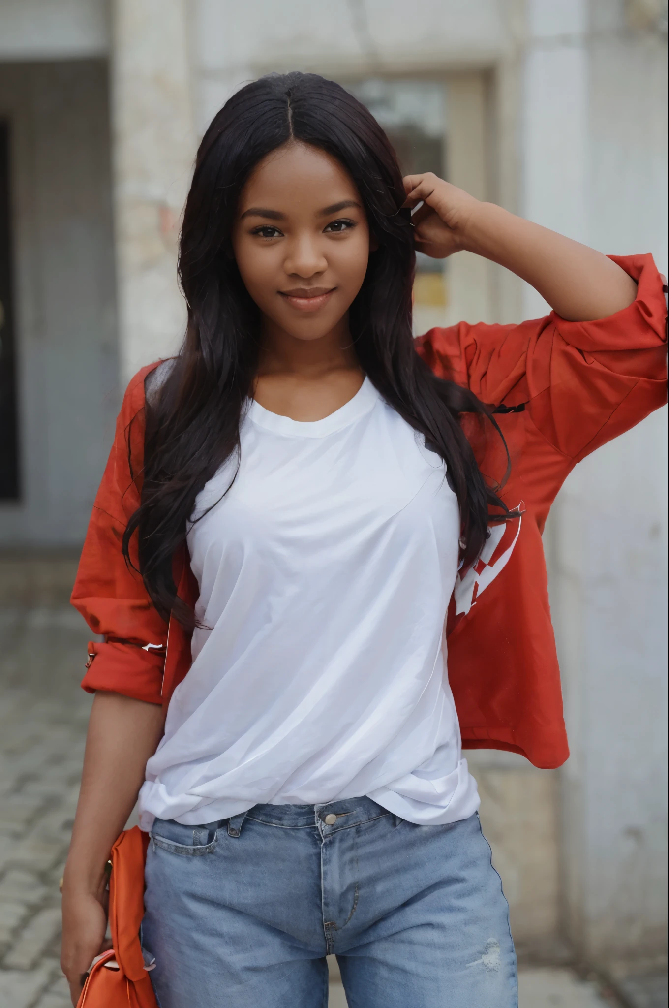 beautiful african woman, smiling, black skin, in the street, people, hyper realistic, high quality