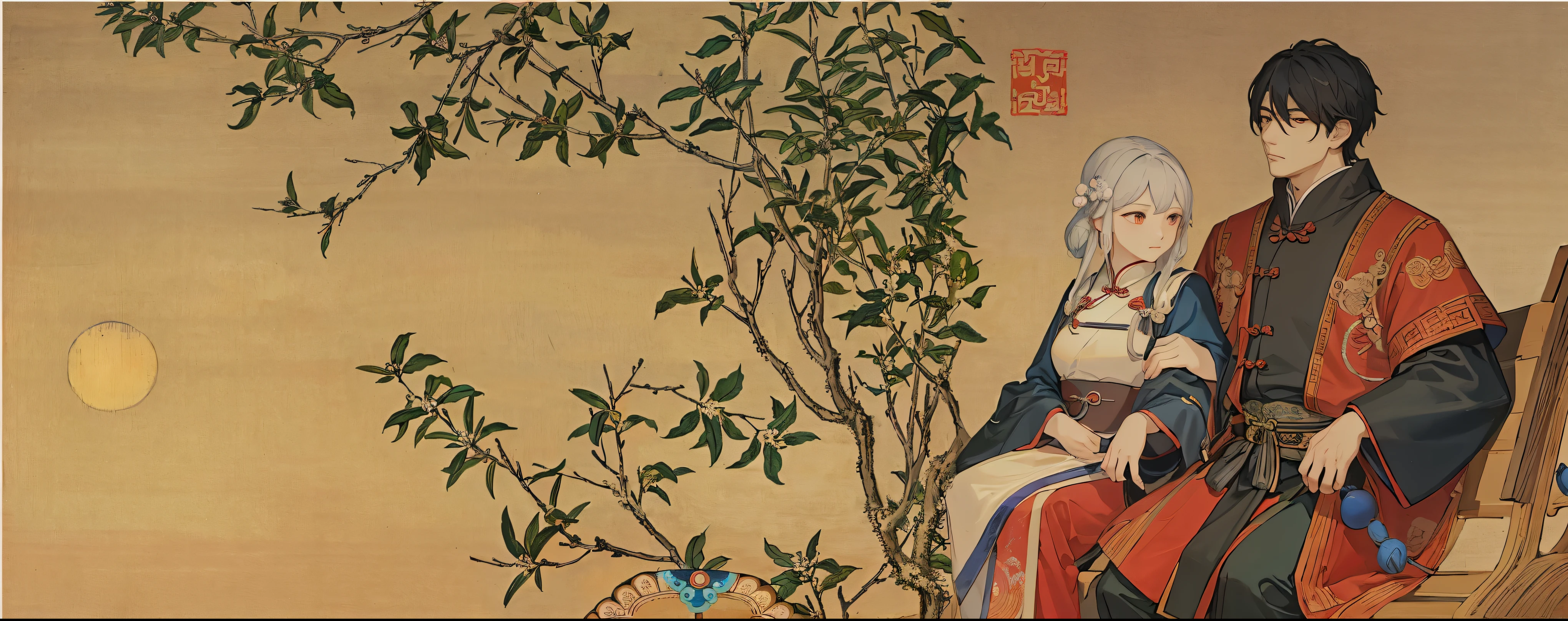 A painting of a man and a woman sitting on a park bench, Qing Dynasty painting, Qing Dynasty, Emperor Xuande, Wearing ancient Chinese clothing, song, old chinese painting, inspired Emperor Xuande, Chinese Arts, ancient chinese beauties, qi sheng luo, Inspired by Zhang Zeduan, mu pan, author：Qiandu