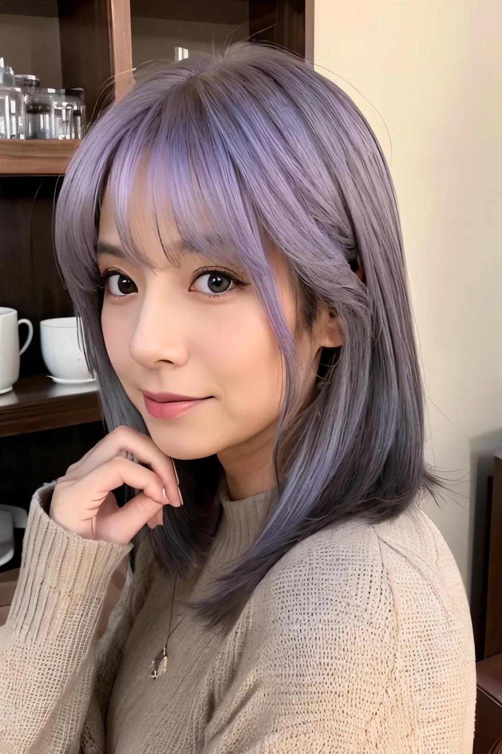 Japanese,woman,50th generation,Wife,Grandmother,gray hair mixed,The tips of the hair are a light purple color,Tea in a coffee shop,shortcut
