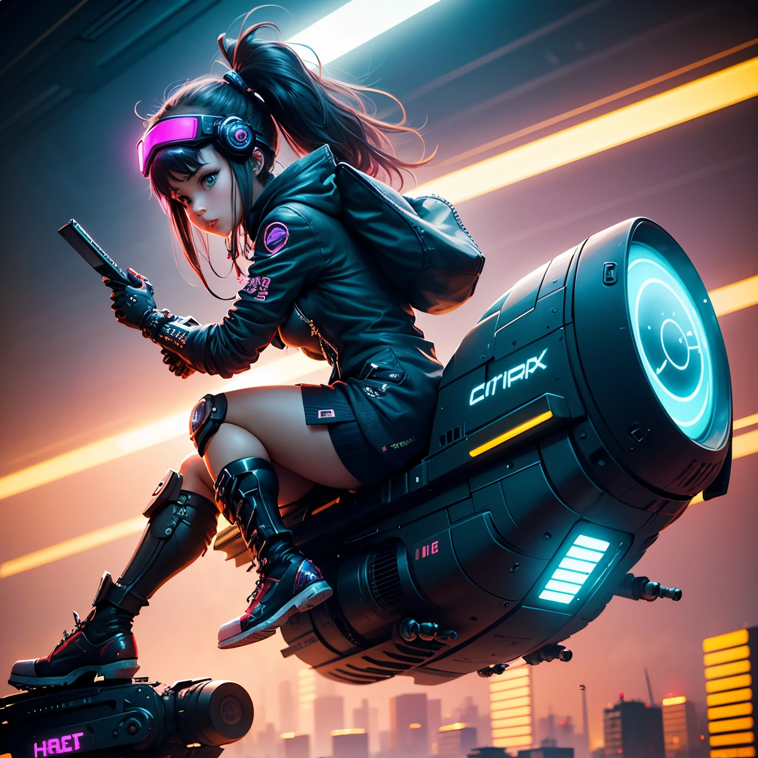 A girl writes code again,cyber punk style hoverbike