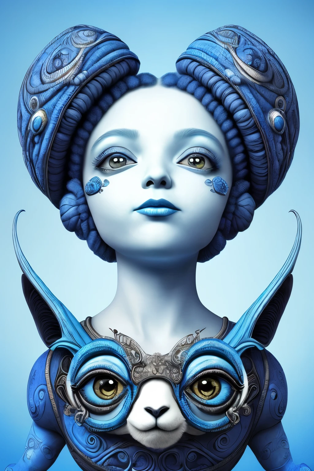 A captivating blue portrait showcasing playful lambs and intriguing aliens – surreal blend, (vibrant blue hues:1.5), exquisitely detailed wool textures on the lambs, (curious expressions:1.4), intricate alien skin textures, otherworldly colors, HDR, (high contrast blue tones:1.3), cinematic, dreamlike, surreal, hyperrealistic, artistic, detailed, alien technology, bold colors, masterpiece, thought-provoking, evocative, whimsical.