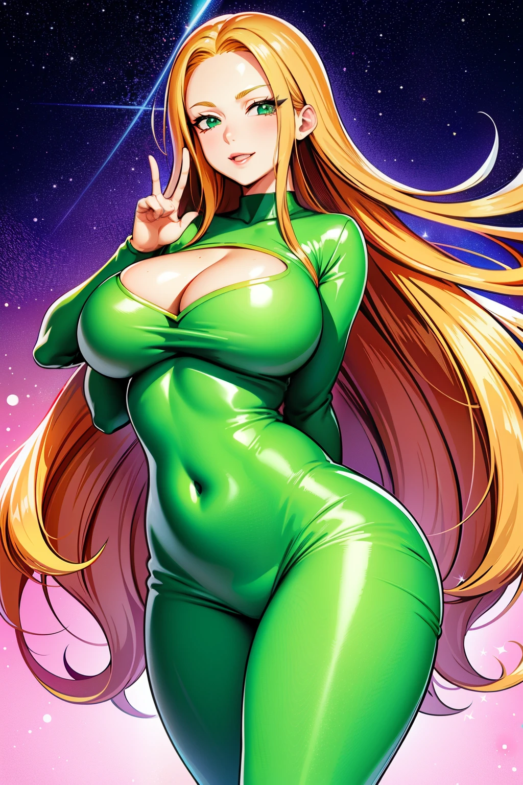 (bloom), (shine), lighting, ray tracing, outdoor, depth_of_field, masterpiece, HD, best quality, kawaii, sparkles, stars, anime, 1 girl, anime girl, big breasts, hourglass figure, cleavage, wide hips, tight fitting clothes, green outfit, green eyes, pale skin, galaxy background, beautiful, long ginger hair, ginger hair girl, long hair, soft lips, gentle hands, delicate but dom, small waist, massive breasts and hips, galaxy, random expressikn, random gesture, anime style face, great definition, high quality, stars in background, stars around, unreal, ethereal, two legs, two arms, planets, stars, long hair, sparkles, smiling face, flirty eyes, ginger anime woman with green tight outfit on, large breasts and tight fitting clothes. long ginger hair and hreen eyes, focus on front of breasts and cleavage and look from perspective of close up camera