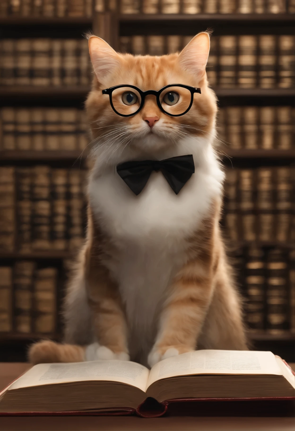 painted in a realistic style、知的な雰囲気を持つ猫が図書館で本を読んでいるMr.子を表現してください。The cat wears round frame glasses、dressed in a classic style。This cat is、In a quiet library surrounded by books、They seem to enjoy reading with deep concentration and satisfaction.。In the background、Mr.々A bookshelf filled with books spreads out.、We create a space filled with the pursuit of knowledge.。From the cat's expression、Make sure to convey the knowledge you gain from books and your love for stories.