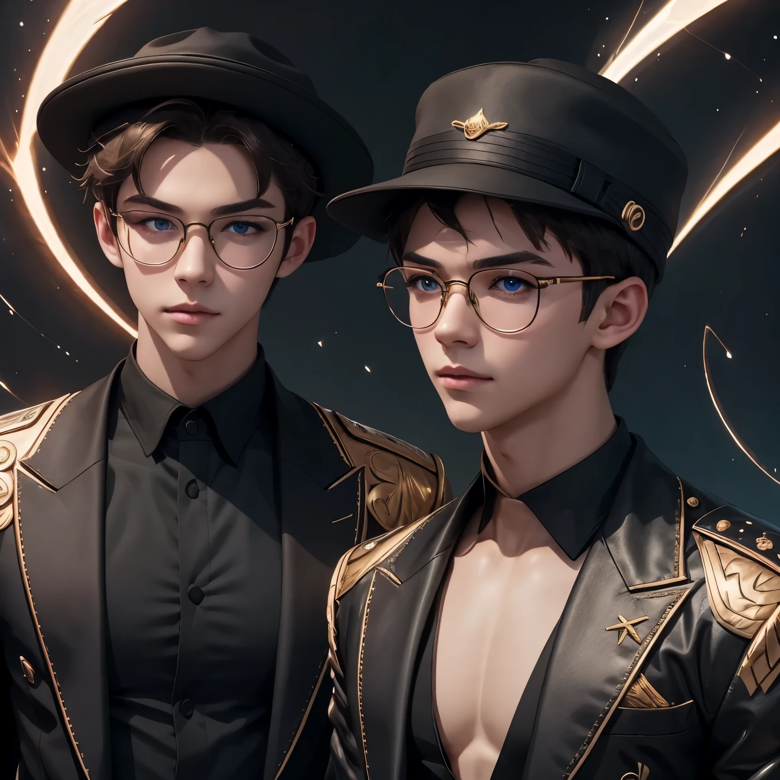 (Masterpiece, Best quality:1.2), 2 people, two attractive guys, Dressed in fashionable clothes . Extravagant clothes , chameleon sunglasses – light from below , dark on top, mirror glasses , cool hat, fashion clothes, very cute two boys, 4K image, realism, High quality photo of two young guys wearing glasses !