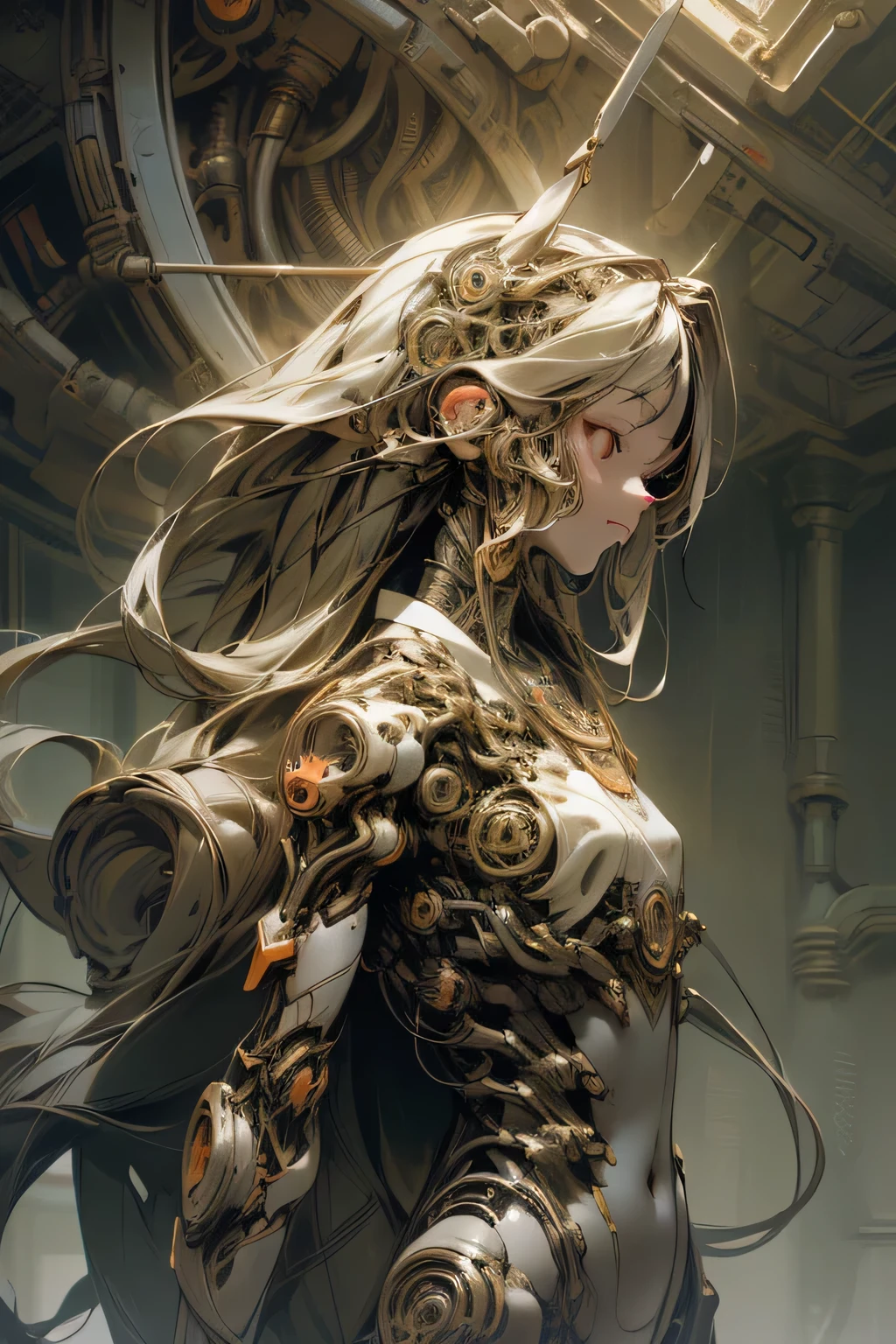 Ridiculous, high resolution, Super detailed, 2+Mechanical girl, (( [Red | shining] Eye ), very long hair:1.2), (Machine made joints, mechanical limbs, Wire and cable connection to head and body:1.1), Wire and cable connection to head and body, Wire and cable connection, (Fractal art:1.2), tangled, Line effect, mechanical effect,Riel Mecha
