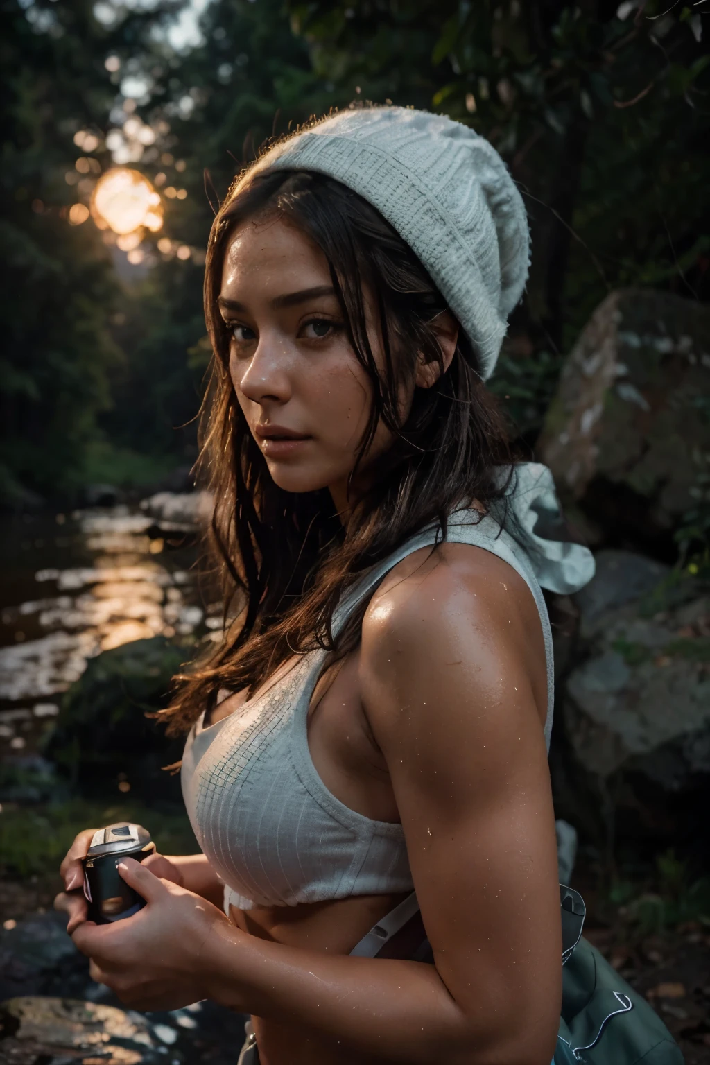 1 woman, amazonian build, sultry look, wet and sweaty ((upper body selfie, happy)), beautiful backlight, show biceps,masterpiece, best quality, ultra-detailed, solo, outdoors, (night), mountains, nature, (stars, moon) cheerful, happy, backpack, sleeping bag, camping stove, water bottle, mountain boots, gloves, sweater, hat, flashlight, forest, rocks, river, wood, smoke, shadows, contrast, clear sky, analog style (look at viewer:1.2) (skin texture) (film grain:1.3), (warm hue, warm tone:1.2), close up, cinematic light, sidelighting, ultra high res, best shadow, RAW, upper body, wearing pullover, portrait sophie mudd, thick neck, 19 year old female model, latina, angelawhite, violet myers, 22 years old, 21 years old, profile image, italian, italian latina, Alycia Debnam-Carey, hazel eyes, realistic, post-processing, maximum detail,