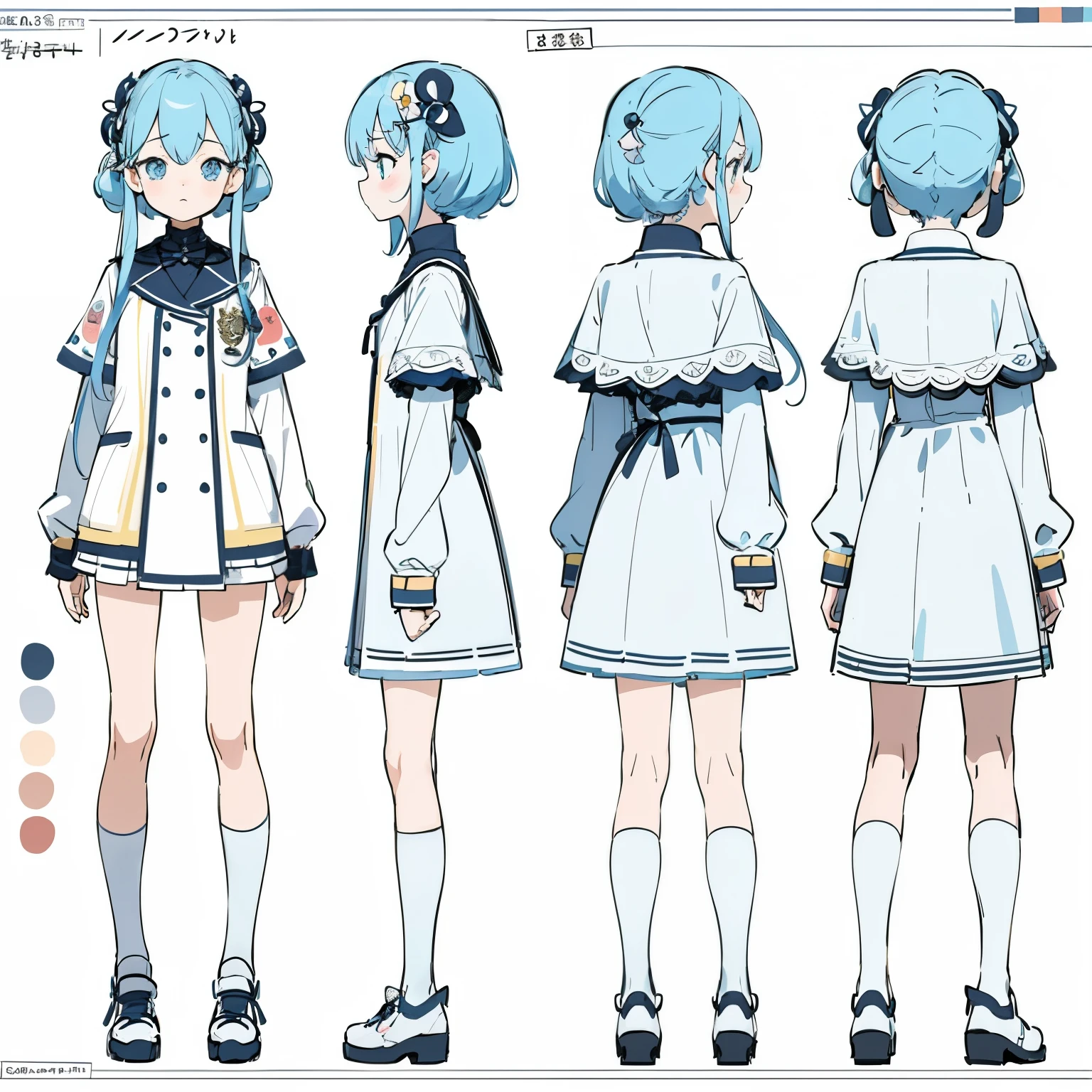 (masterpiece, best quality) detailed, girl, twins, a blank look, kawaii, drawing reference, reference, lineart, colored sketch (character design sheet, same character, full body, 3views, front, side, back)