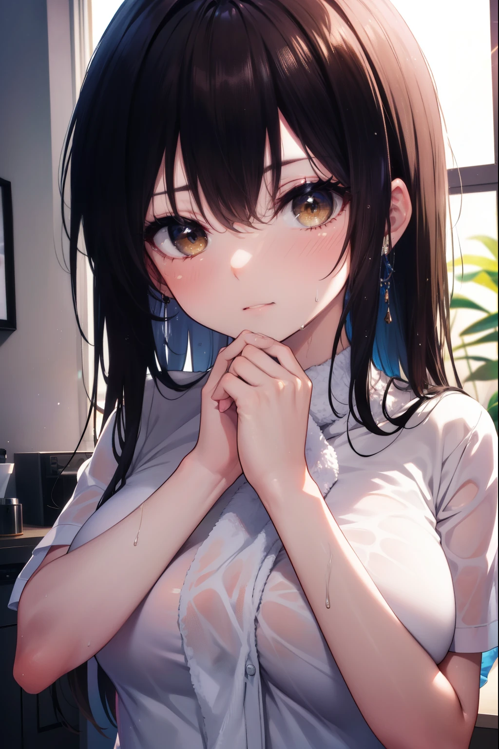 kotegawayui, Yui Kotegawa, black hair, (brown eyes:1.5), long hair,wet hair , wet clothes,Big Y-shirt,black string underwear,Wiping hair with a towel,wet skin,window downpour,cloudy sky,blush,embarrassing,
break looking at viewer,
break indoors, Bedroom,
break (masterpiece:1.2), highest quality, High resolution, unity 8k wallpaper, (figure:0.8), (detailed and beautiful eyes:1.6), highly detailed face, perfect lighting, Very detailed CG, (perfect hands, perfect anatomy),