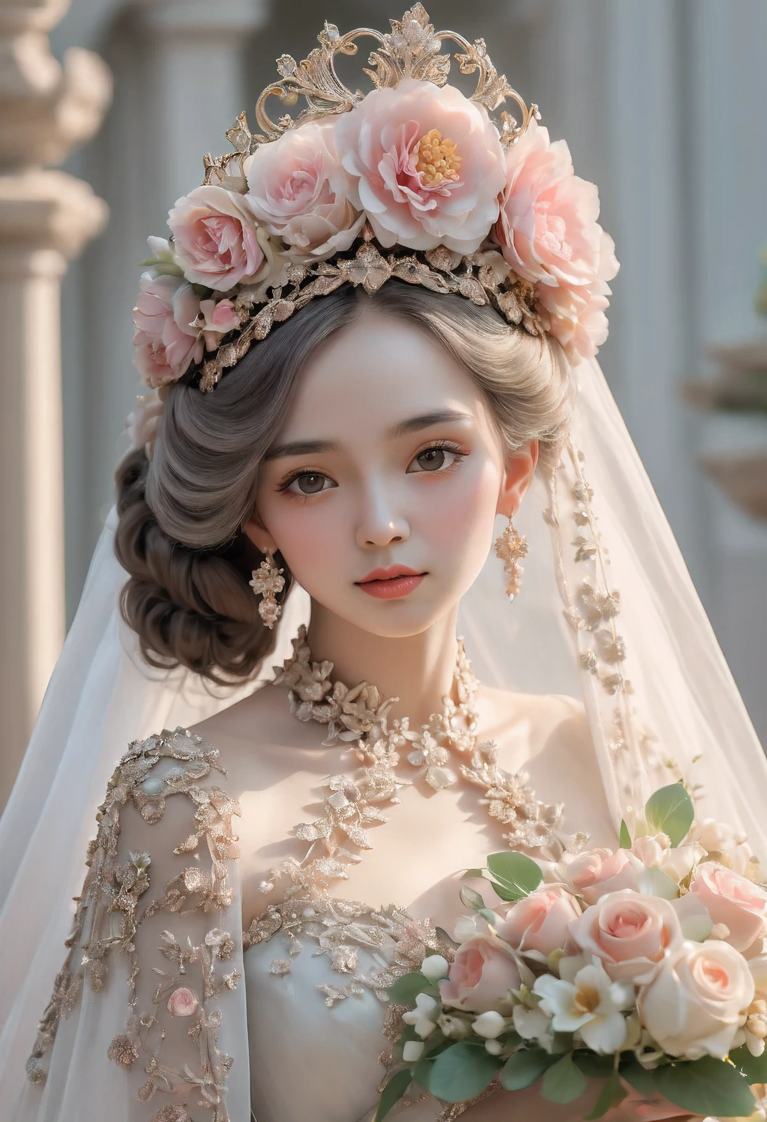 a woman wearing a wedding veil and a tiable with a flower headpiece, a pastel by Ye Xin, trending on cgsociety, rococo, amazing flower tiara, breathtaking flower tiara, intricate flower tiara, flower tiara, wearing tiara, with small studded earings, intricate ornamented tiara, intricate detailed tiara, wearing a tiara, ultra realistic fantasy tiara