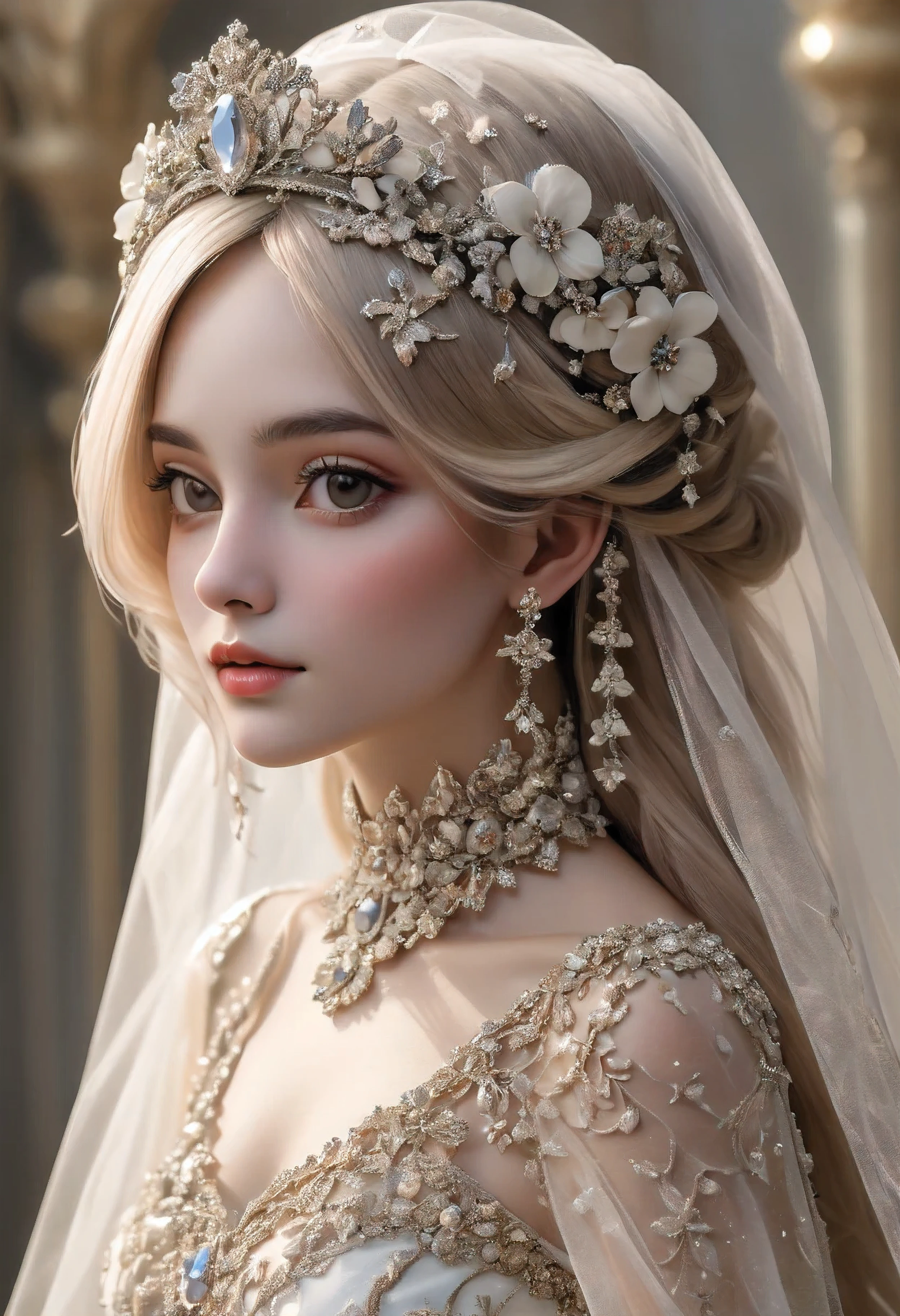 a woman wearing a wedding veil and a tiable with a flower headpiece, amazing flower tiara, breathtaking flower tiara, intricate flower tiara, flower tiara, wearing tiara, with small studded earings, intricate ornamented tiara, intricate detailed tiara, wearing a tiara, ultra realistic fantasy tiara, forehead jewelry, wearing crystal fractal tiara, veils and jewels