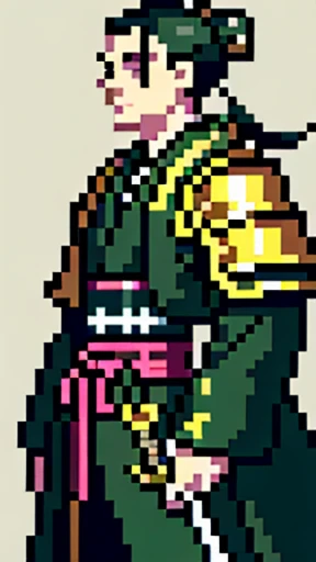 1 male, Incomparable masterpiece, perfect artwork, ((striking samurai figure)), long black hair tied up in a topknot, strong jawline, piercing eyes, armor adorned with intricate gold patterns, sword at his side, proudly standing against a solid, (ultra high resolution), (extremely intricate), background, embracing the authenticity of history, best quality, masterpiece, realism: 1.4.
