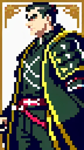1 male, Incomparable masterpiece, perfect artwork, ((striking samurai figure)), long black hair tied up in a topknot, strong jawline, piercing eyes, armor adorned with intricate gold patterns, sword at his side, proudly standing against a solid, (ultra high resolution), (extremely intricate), background, embracing the authenticity of history, best quality, masterpiece, realism: 1.4.
