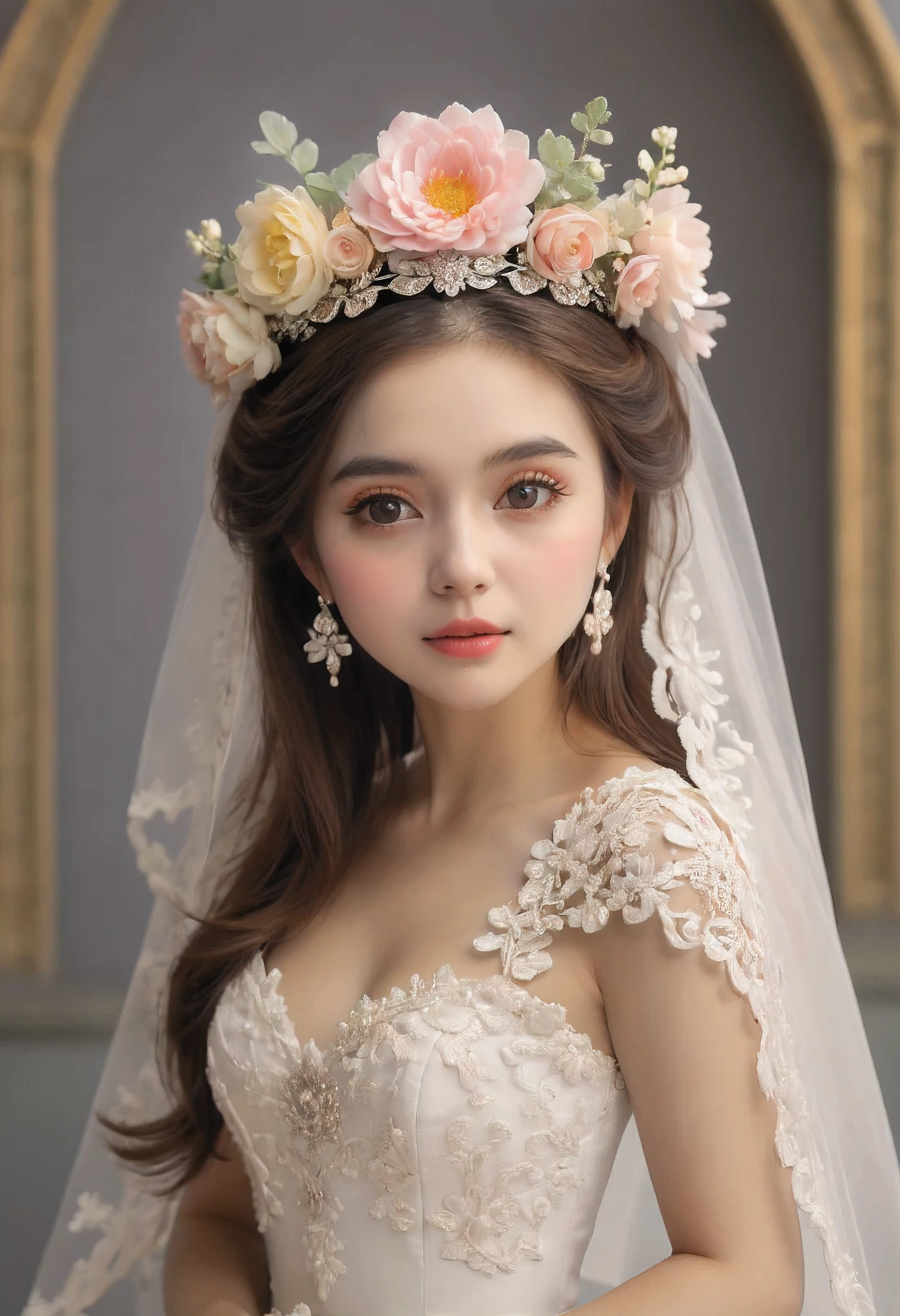 a woman wearing a wedding veil and a tiable with a flower headpiece, a pastel by Ye Xin, trending on cgsociety, rococo, amazing flower tiara, breathtaking flower tiara, intricate flower tiara, flower tiara, wearing tiara, with small studded earings, intricate ornamented tiara, intricate detailed tiara, wearing a tiara, ultra realistic fantasy tiara