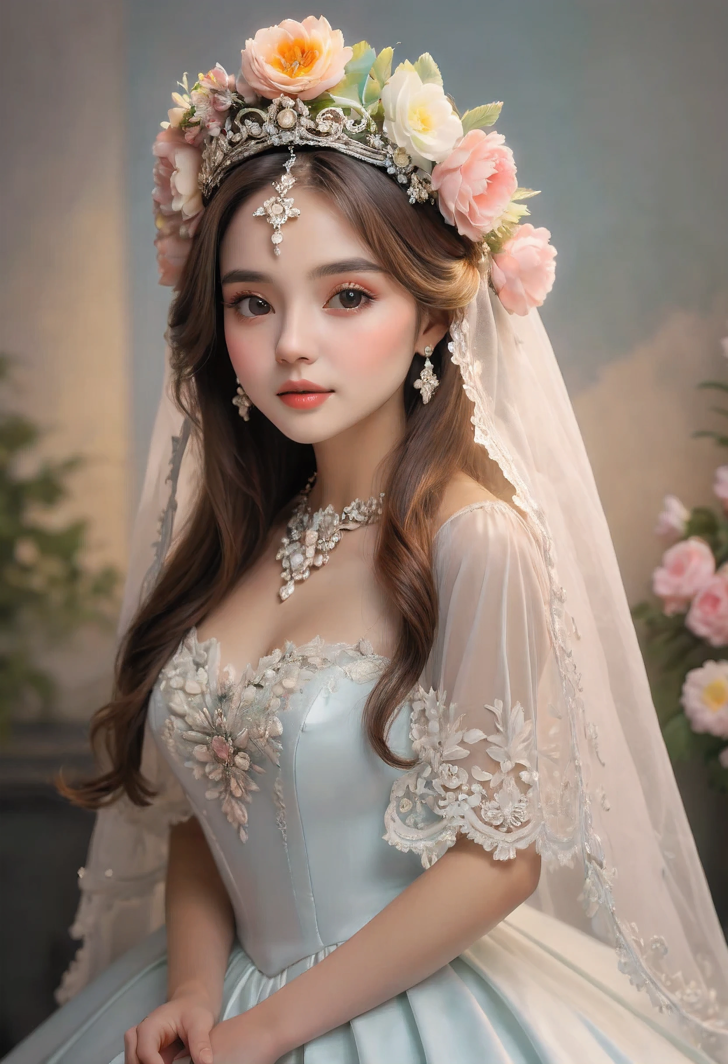 a woman wearing a wedding veil and a tiable with a flower headpiece, a pastel by Ye Xin, trending on cgsociety, rococo, amazing flower tiara, breathtaking flower tiara, intricate flower tiara, flower tiara, wearing tiara, with small studded earings, intricate ornamented tiara, intricate detailed tiara, wearing a tiara, ultra realistic fantasy tiara