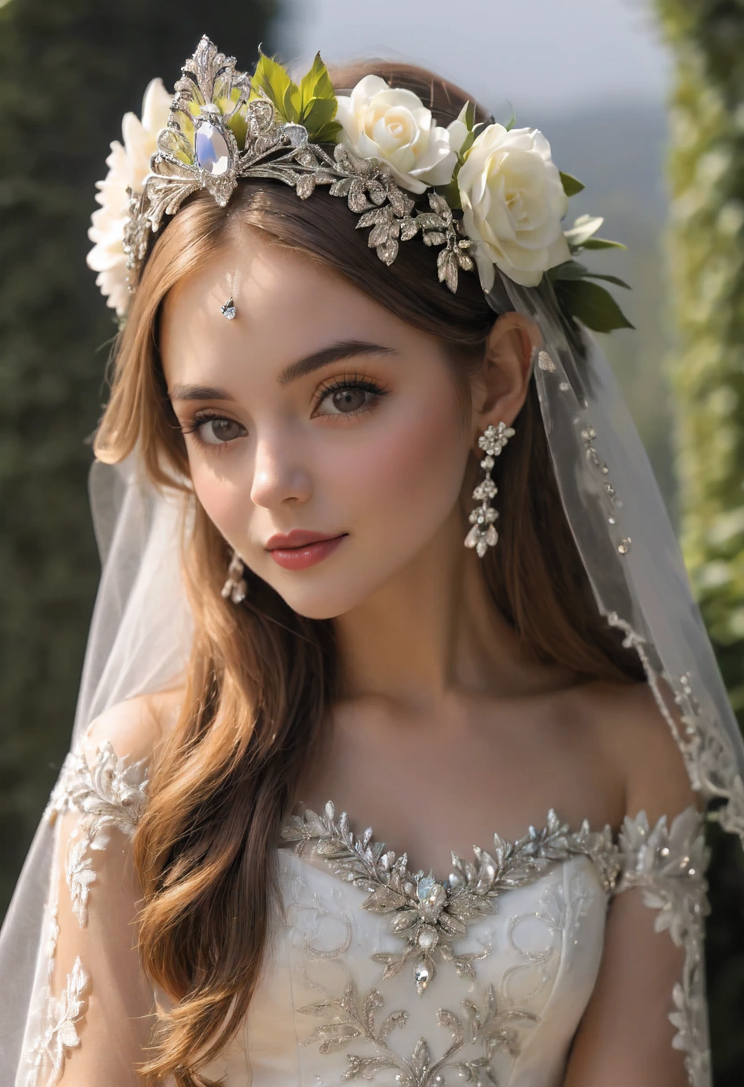 a woman wearing a wedding veil and a tiable with a flower headpiece, amazing flower tiara, breathtaking flower tiara, intricate flower tiara, flower tiara, wearing tiara, with small studded earings, intricate ornamented tiara, intricate detailed tiara, wearing a tiara, ultra realistic fantasy tiara, forehead jewelry, wearing crystal fractal tiara, veils and jewels