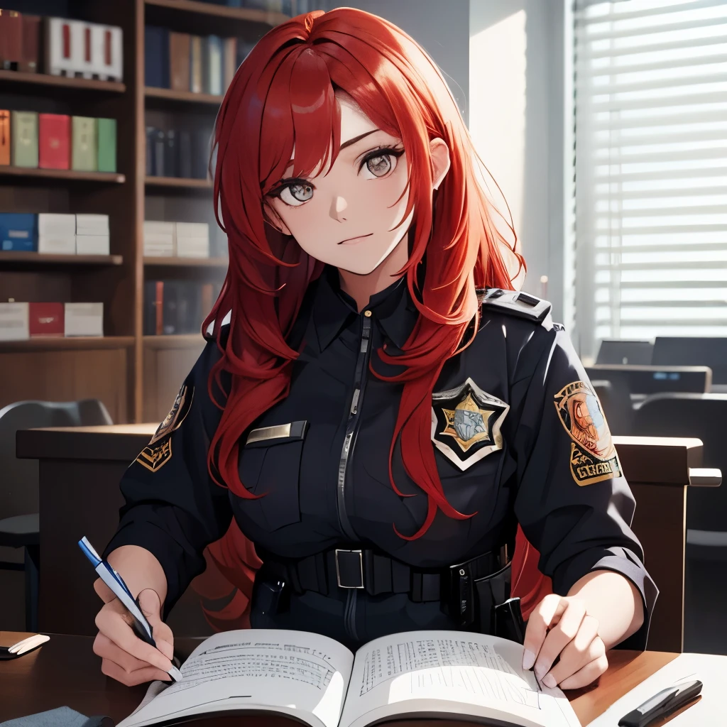 Um lobisomem cinza vestindo uma roupa de policial, Help your work partner who is a red-haired human to write a report.