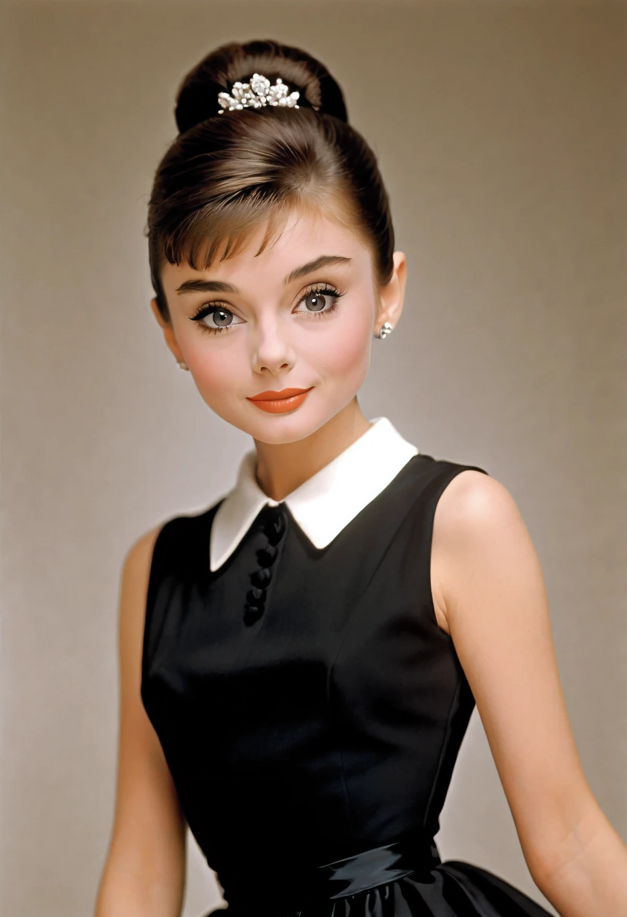 a close up of a woman wearing a black dress and a collared top, looks like audrey hepburn, beautiful audrey hepburn, gorgeous female audrey hepburn, young audrey hepburn, portrait of audrey hepburn, audrey hepburn, korean audrey hepburn, by Allan Linder, by Jerry Schatzberg, gorgeous art, great likeness, perfect face!!!, perfect face!!, beautiful portrait