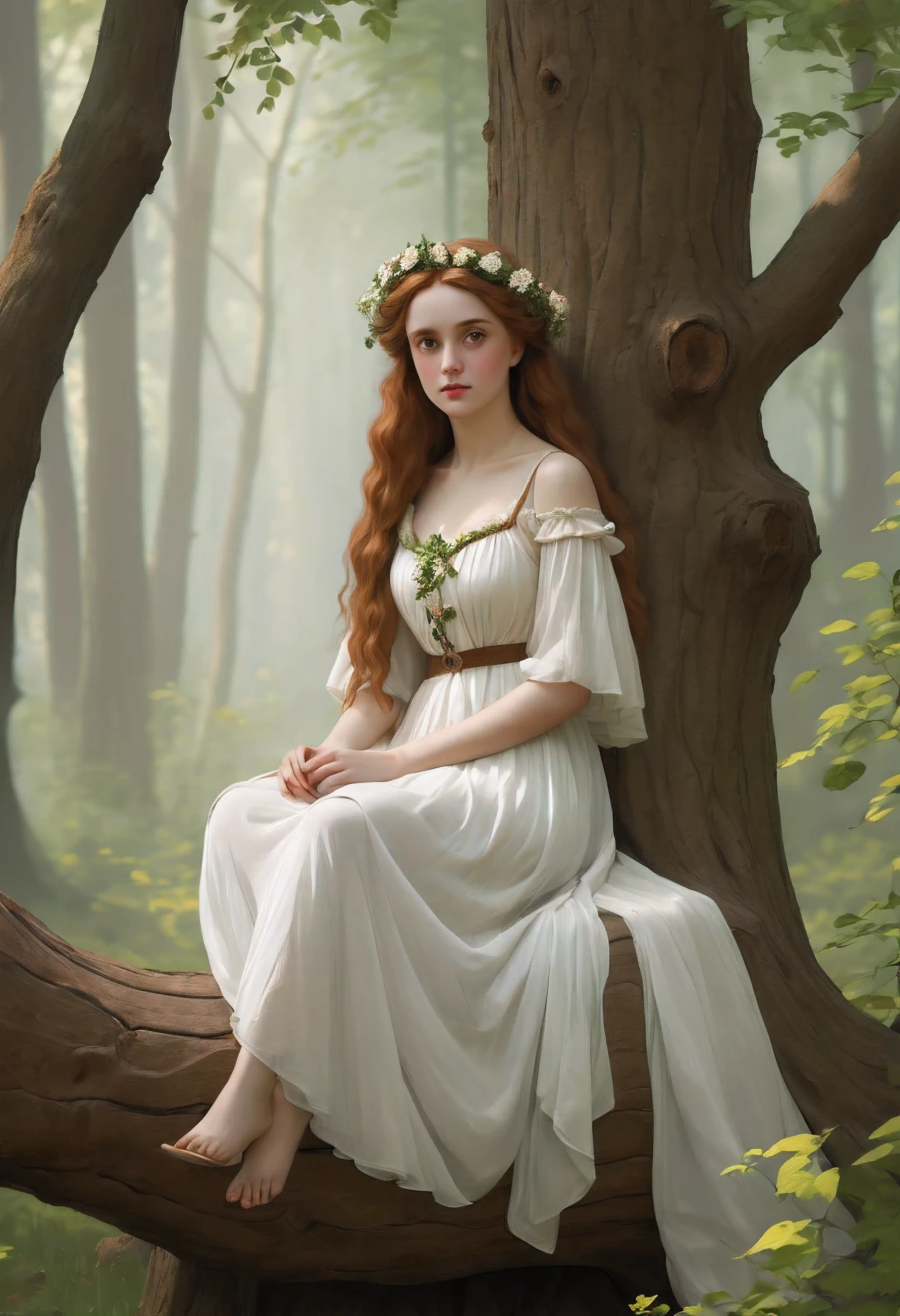 arafed woman in a white dress sitting on a tree trunk, a picture inspired by Konstantin Somov, tumblr, pre-raphaelitism, in a high renaissance style, beautiful maiden, 🌺 cgsociety, as a medieval fantasy character, medieval dress. witch, beautiful fantasy maiden, in a renaissance style, in a whimsical fairytale forest, beautiful elegant dryad