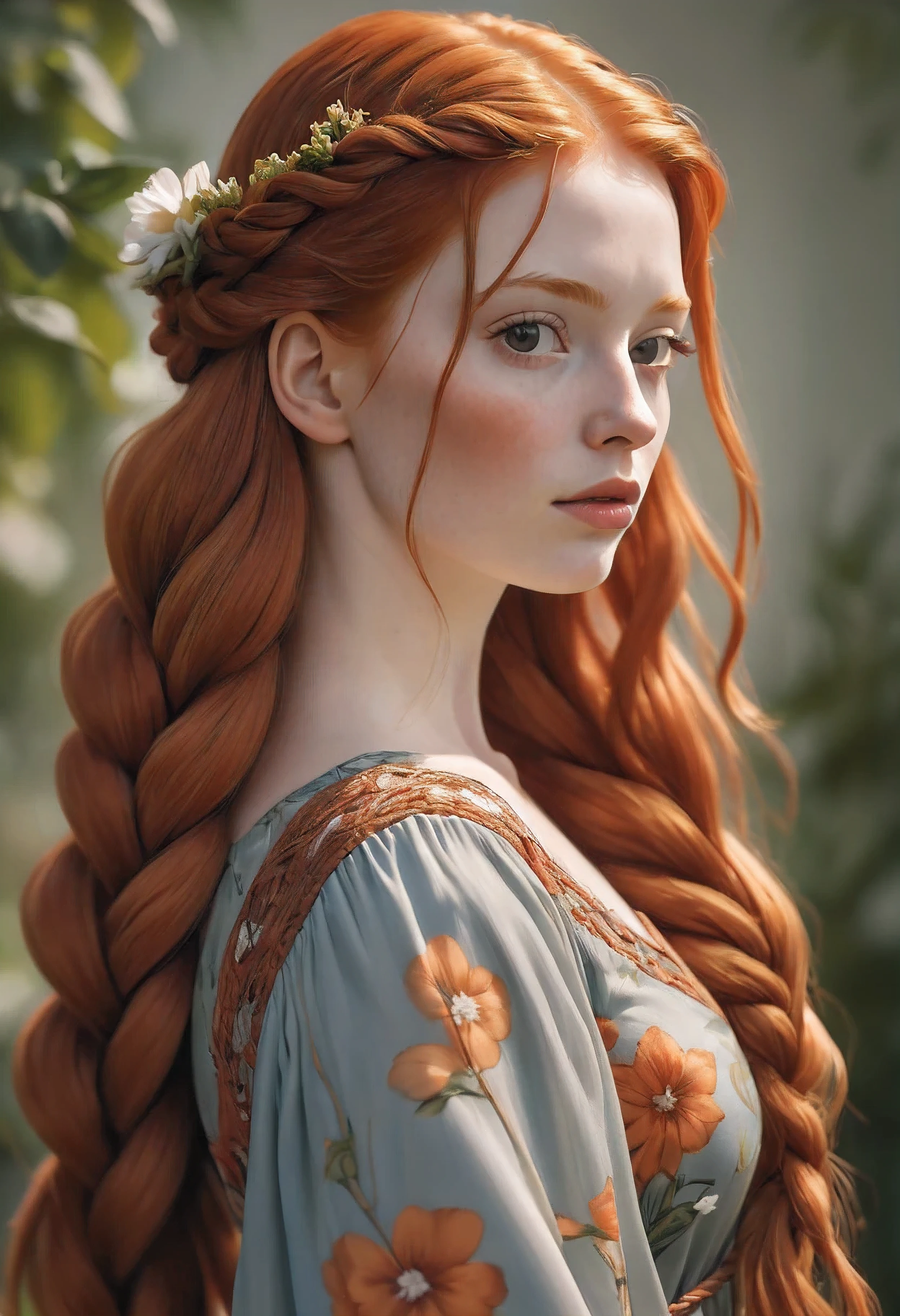 a close up of a woman with long red hair wearing a floral dress, a photorealistic painting by Galen Dara, trending on cgsociety, art nouveau, flowing ginger hair, she is redhead, redhead girl, complex redhead braided hair, ginger hair, red braided hair, redhead woman, beautiful redhead woman, long braided orange red hair, monia merlo, red head