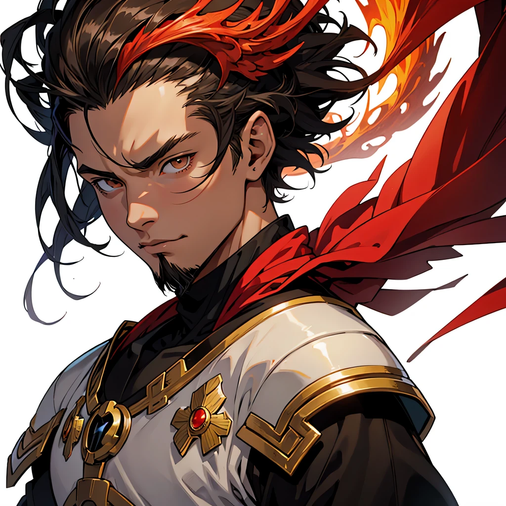 medieval anime art, masterpiece, best quality, by professional artist, male, solo, upper body portrait, detailed composition, detailed eyes, (((white background))), dark skinned, African, brown eyes, black hair, buzz cut, goatee, wearing red phoenix armor