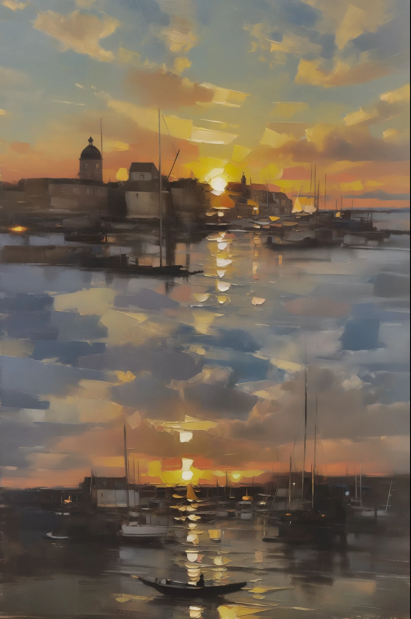 Create a vintage oil painting depicting a maritim scene. The focus should be a quiet coastal town nestled beside a tranquil sea. The town should consist of white-washed houses with red-tiled roofs, their windows reflecting the warm, setting sun. Include a cobbled street winding through the houses and leading to a small, wooden dock. Several fishing boats, their sails lowered, should be gently bobbing on the calm sea waters. In teh distance, the silhouette of a tall stands guard, its beam piercing the early evening haze. Above it all, paint a sky ablaze with the colors of the setting sun, casting long, dramatic shadows across the landscape, In the style of Jean-Louis-Ernest Meissonier.