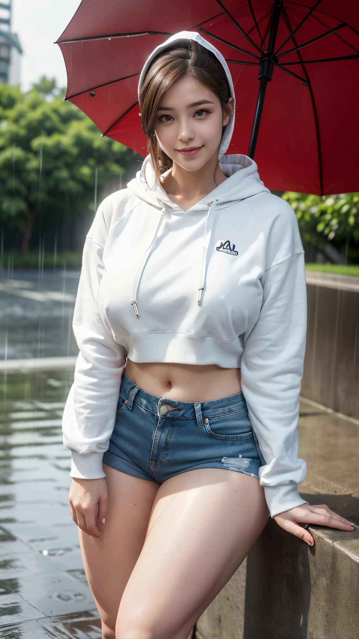 high quality,8K,high resolution,woman,1 personality,tall,realistic texture,cute smile,(),(white hoodie),(denim hot pants 2),(Thick thighs 2),hydrangea,(Rain 1.5),Vinyl umbrella,rainy season,