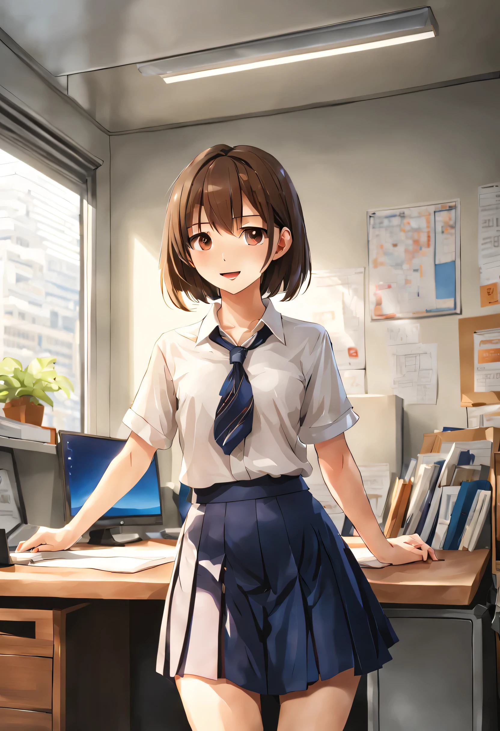 woman working at desk, girl,shortcut、 Real 25 year old idol,medium long skirt、 美しいアニメのgirl, loose clothing, perfect expression, young slender、
