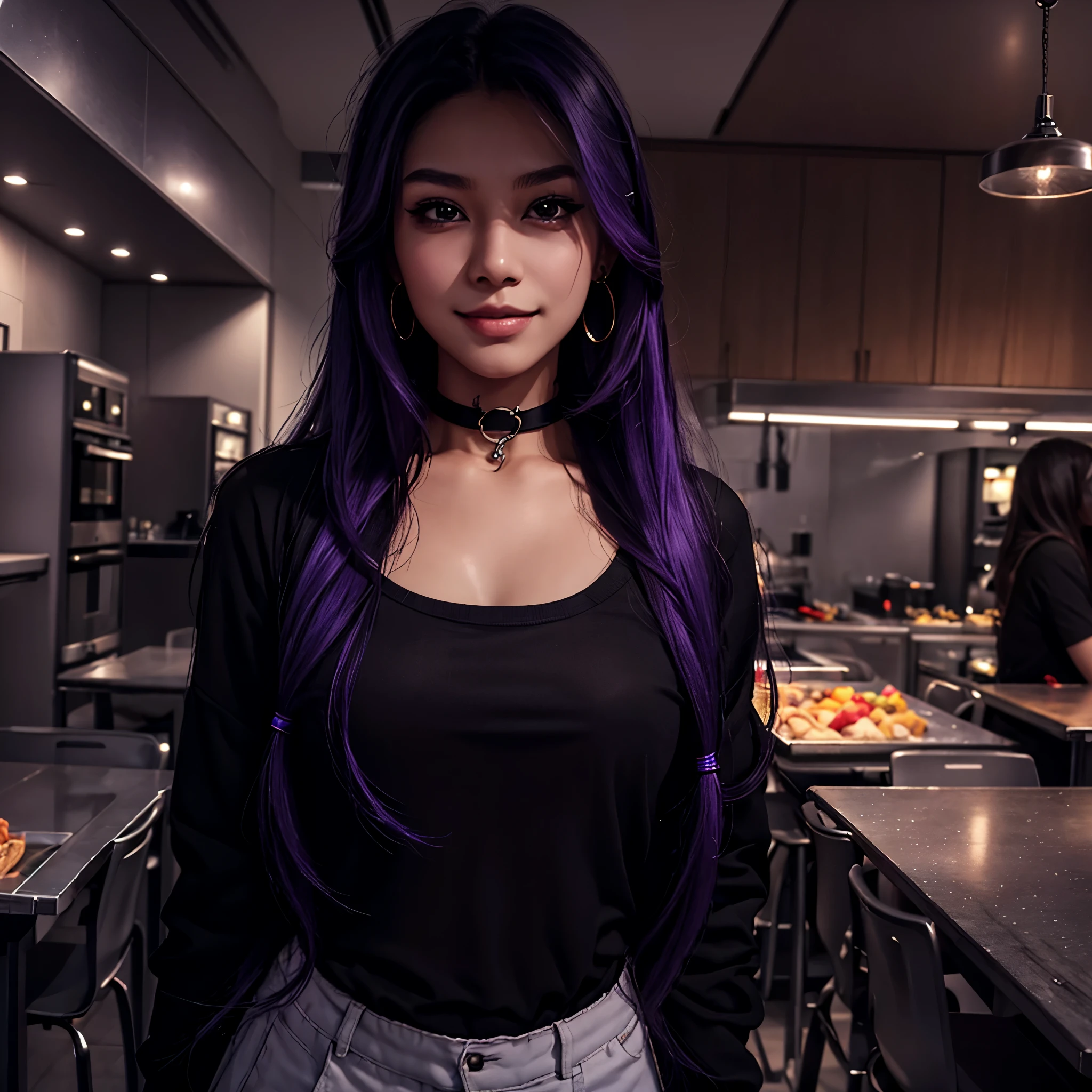 1 girl, young, 17y, extremely beautiful, long purple hair, Asian, lots of makeup, stylish black and purple clothes, earrings, mischievous smile, manipulative, superior, rich, choker, school cafeteria, from the front, walking