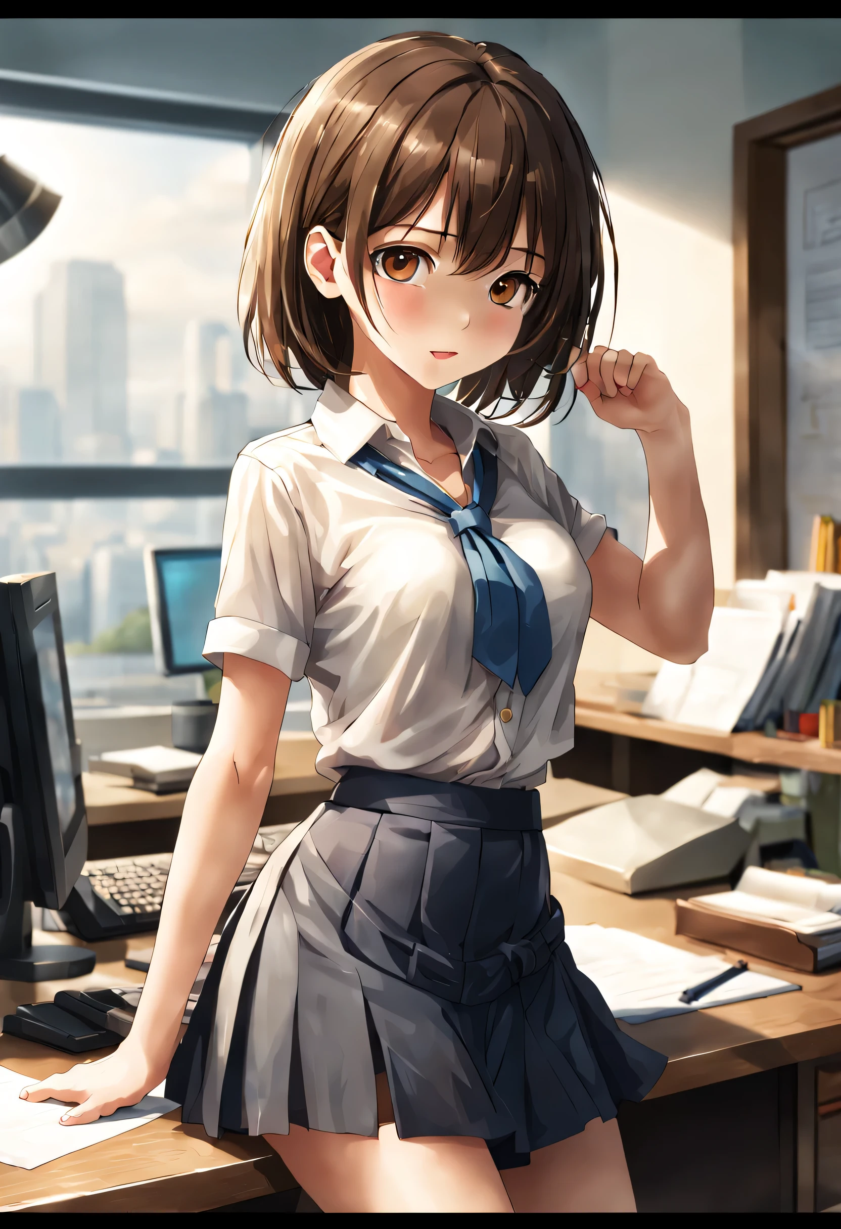 woman working at desk, girl,shortcut、 Real young gravure idol,medium long skirt、 美しいアニメのgirl, loose clothing, perfect expression, young slender、