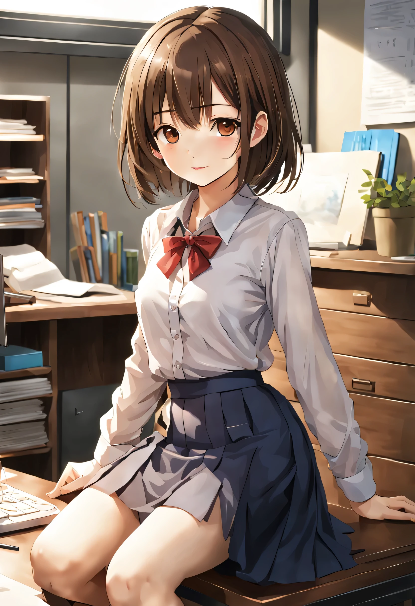woman working at desk, girl,shortcut、 Real young gravure idol,medium long skirt、 美しいアニメのgirl, loose clothing, perfect expression, young slender、