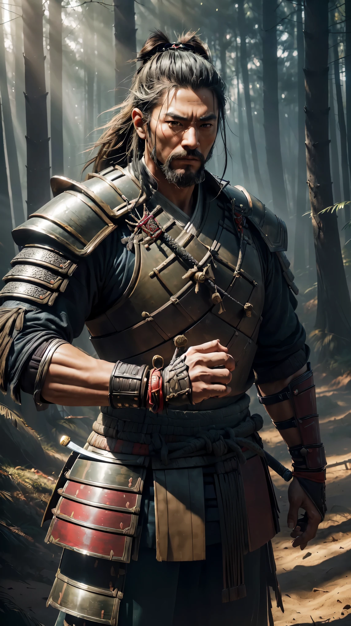 (8k, RAW photo, 最high quality, masterpiece:1.2), High-definition RAW color photo, professional photography, concept art, (((one person))), (detailed), (large body:1.4), Highly detailed texture, ((samurai:1.2, armor姿)), dusty earth, bright lighting, (forest background:1.5), (Japanese sword:1.2), deep shadows and highlights, ((armor:1.5, samurai)), nervous, battle, ((bold composition)), (((perfect fingers, five fingers, anatomically correct))), background bokeh, high quality, bright colors, ((award winning photography, Realistic light and shadow with attention to detail)), Immersive 3D rendering, Professional 3D artistry,