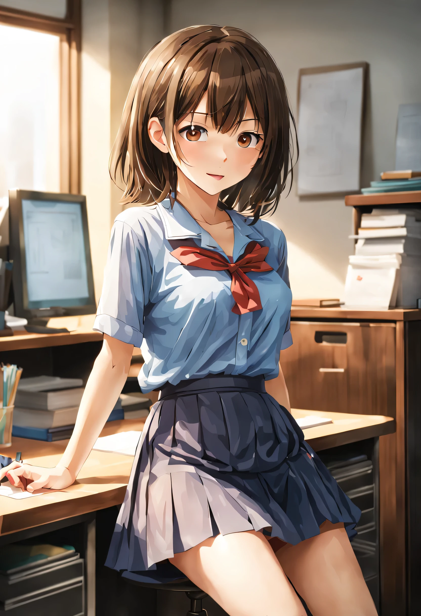 woman working at desk, girl,shortcut、 Real young gravure idol,medium long skirt、 美しいアニメのgirl, loose clothing, perfect expression, young slender、