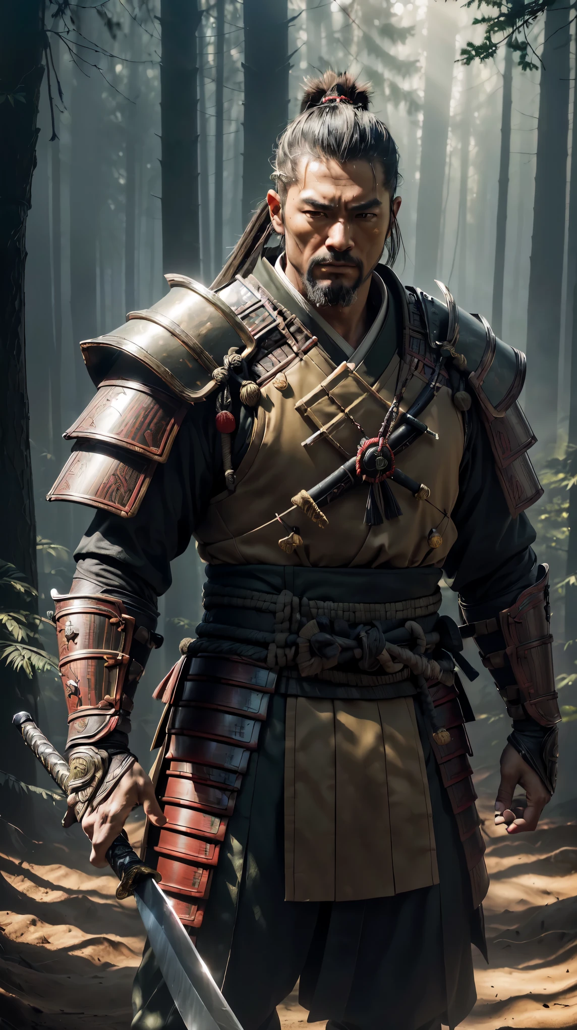 (8k, RAW photo, 最high quality, masterpiece:1.2), High-definition RAW color photo, professional photography, concept art, (((one person))), (detailed), (large body:1.4), Highly detailed texture, ((samurai:1.2, armor姿)), dusty earth, bright lighting, (forest background:1.5), (Japanese sword:1.2), deep shadows and highlights, ((armor:1.5, samurai)), nervous, battle, ((bold composition)), (((perfect fingers, five fingers, anatomically correct))), background bokeh, high quality, bright colors, ((award winning photography, Realistic light and shadow with attention to detail)), Immersive 3D rendering, Professional 3D artistry,