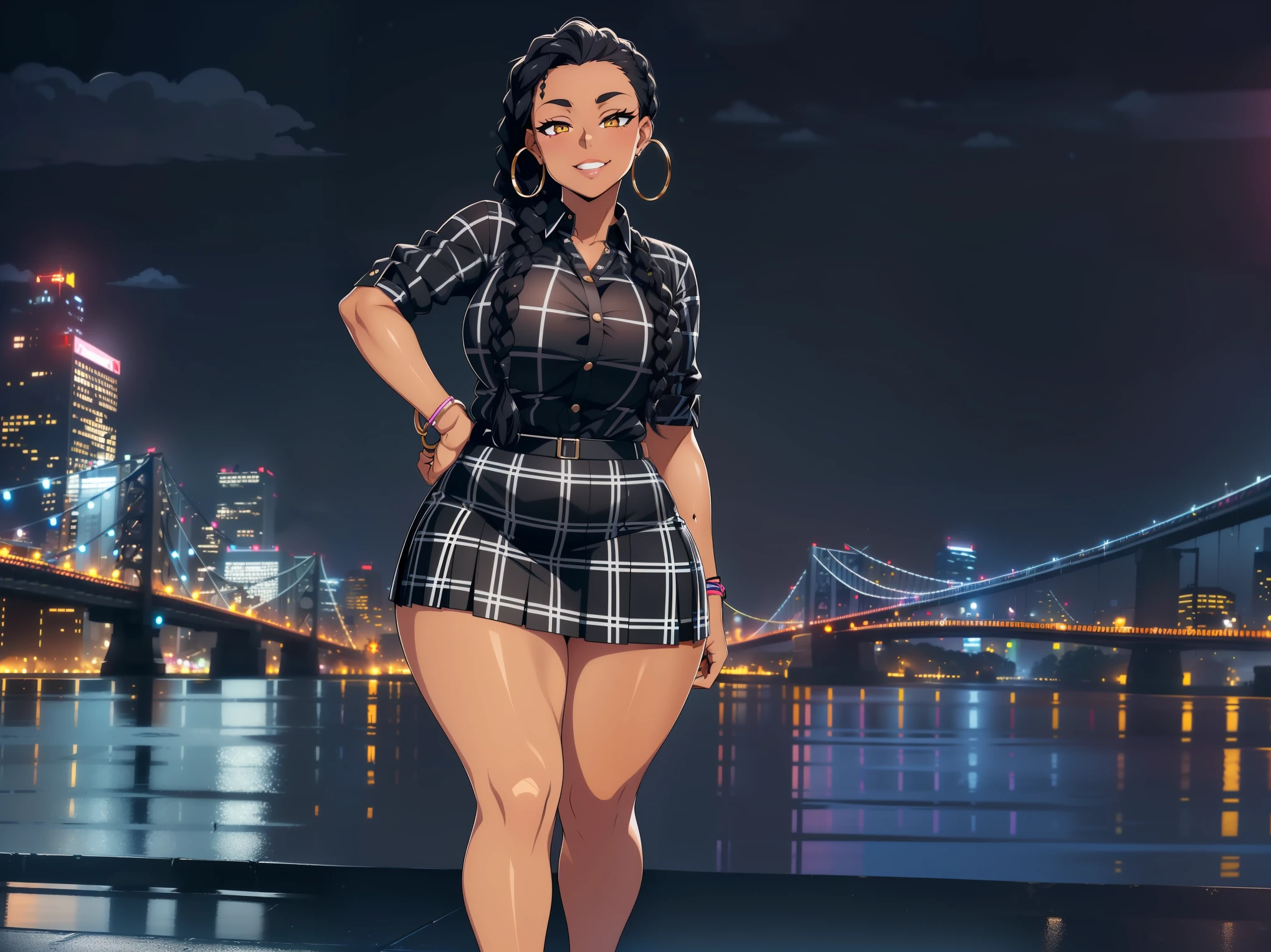 4K Quality, grinning, (sexy pose), ((full body black plaid skirt)) standing up, ((black braids)), dark skinned, thick thighs, big breasted, big ass, looking at viewer, ((amber eyes)), ((night time)), ((bedroom eyes)), full body, (city background), (after the rain), perfect face, perfect body, perfect eyes, full lips, ((hoop earrings)), (vibrant background)