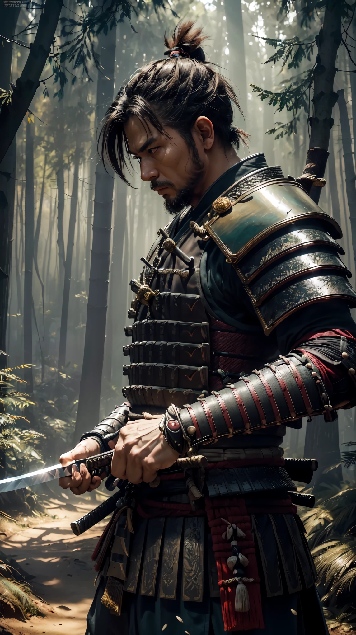 (8k, RAW photo, 最high quality, masterpiece:1.2), High-definition RAW color photo, professional photography, concept art, (((one person))), (detailed), (large body:1.4), Highly detailed texture, ((samurai:1.2, armor姿)), dusty earth, bright lighting, (forest background:1.5), (Japanese sword:1.2), deep shadows and highlights, ((armor:1.5, samurai)), nervous, battle, ((bold composition)), (((perfect fingers, five fingers, anatomically correct))), background bokeh, high quality, bright colors, ((award winning photography, Realistic light and shadow with attention to detail)), Immersive 3D rendering, Professional 3D artistry,