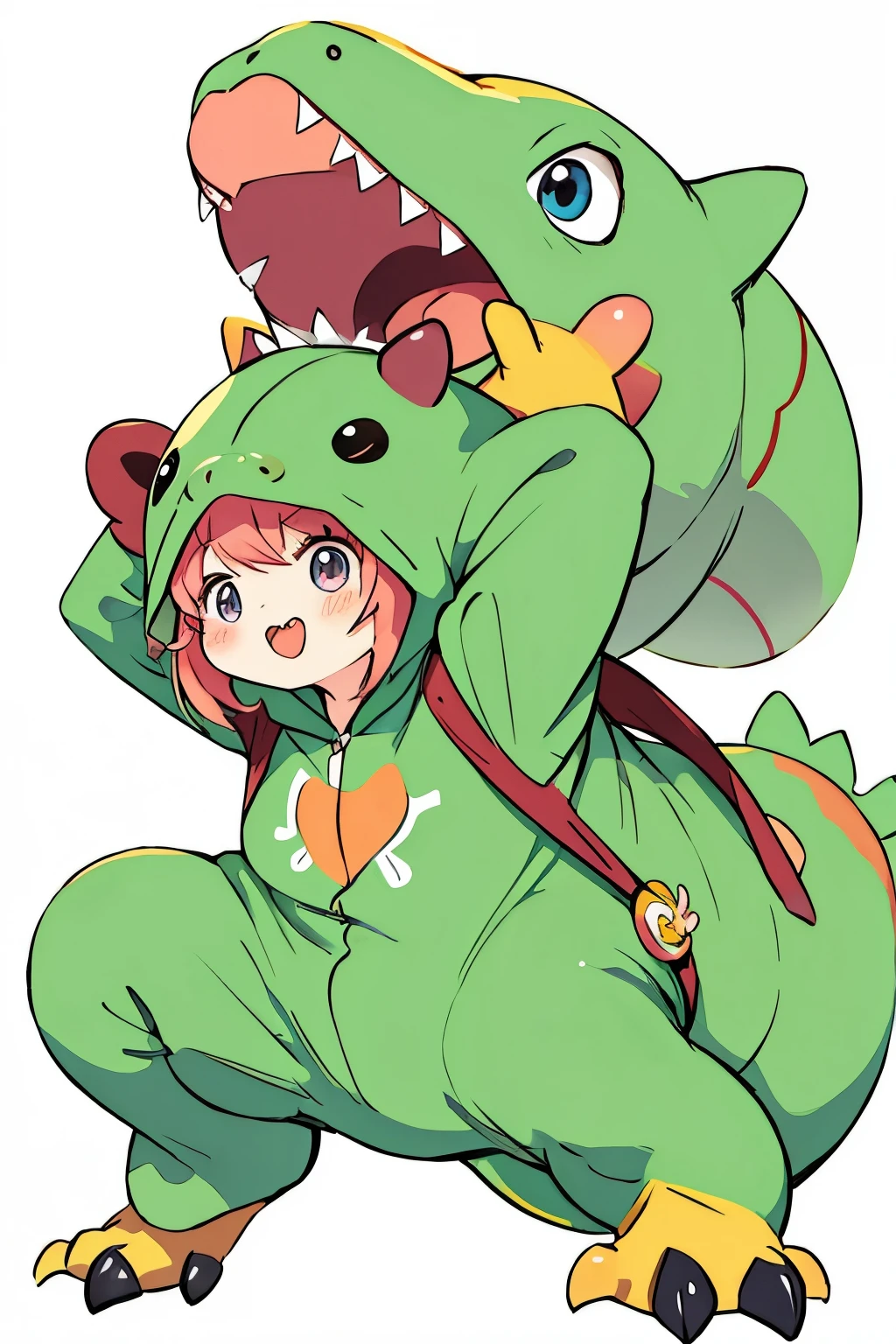 anime、A cute  poses wearing a deformed dinosaur costume