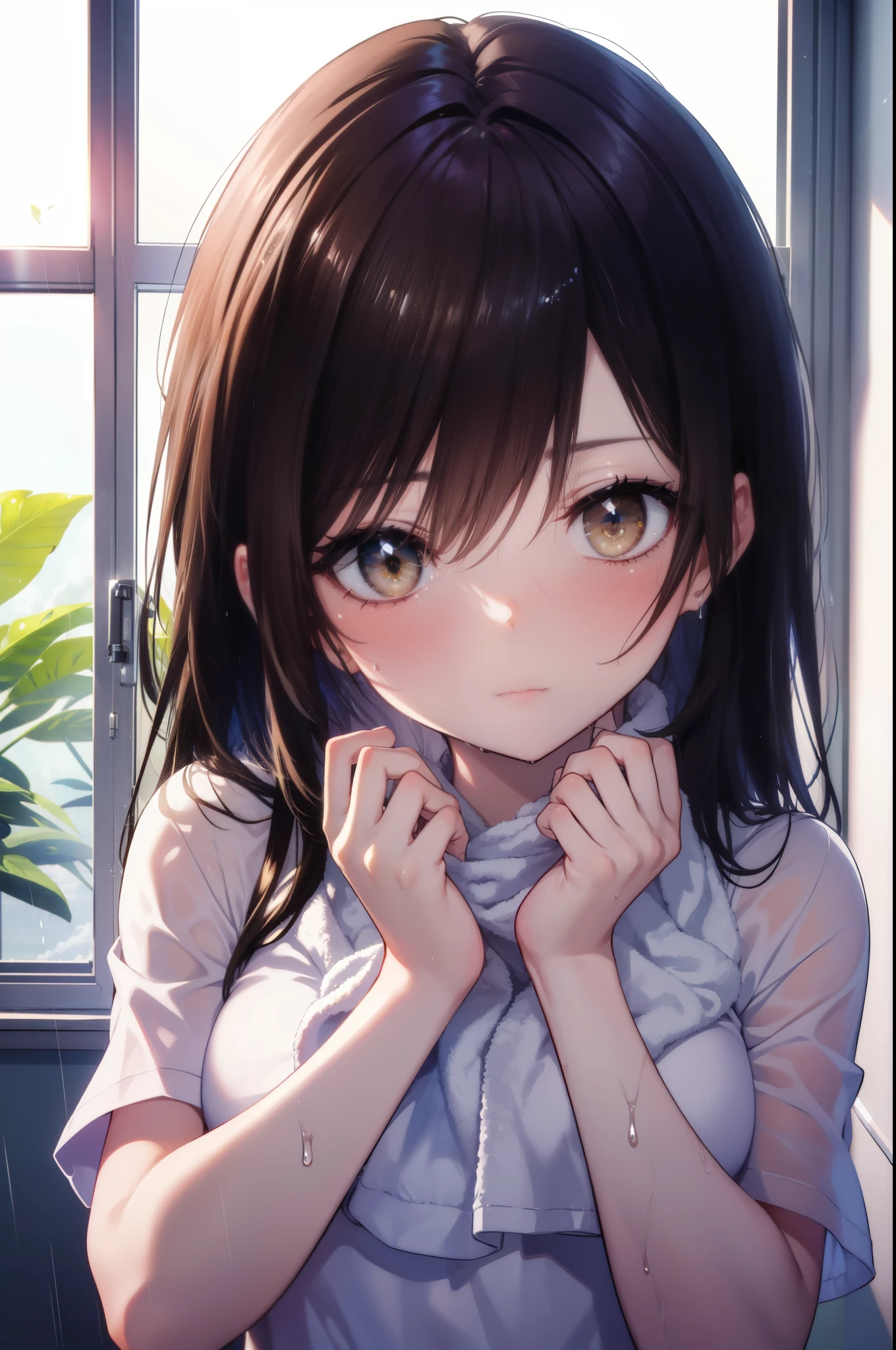 kotegawayui, Yui Kotegawa, black hair, (brown eyes:1.5), rain,cloudy sky,gray cloud long hair,wet hair , wet clothes,Big Y-shirt,black string underwear,Wiping hair with a towel,wet skin,window,blush,embarrassing,
break looking at viewer,
break indoors, Bedroom,
break (masterpiece:1.2), highest quality, High resolution, unity 8k wallpaper, (figure:0.8), (detailed and beautiful eyes:1.6), highly detailed face, perfect lighting, Very detailed CG, (perfect hands, perfect anatomy),