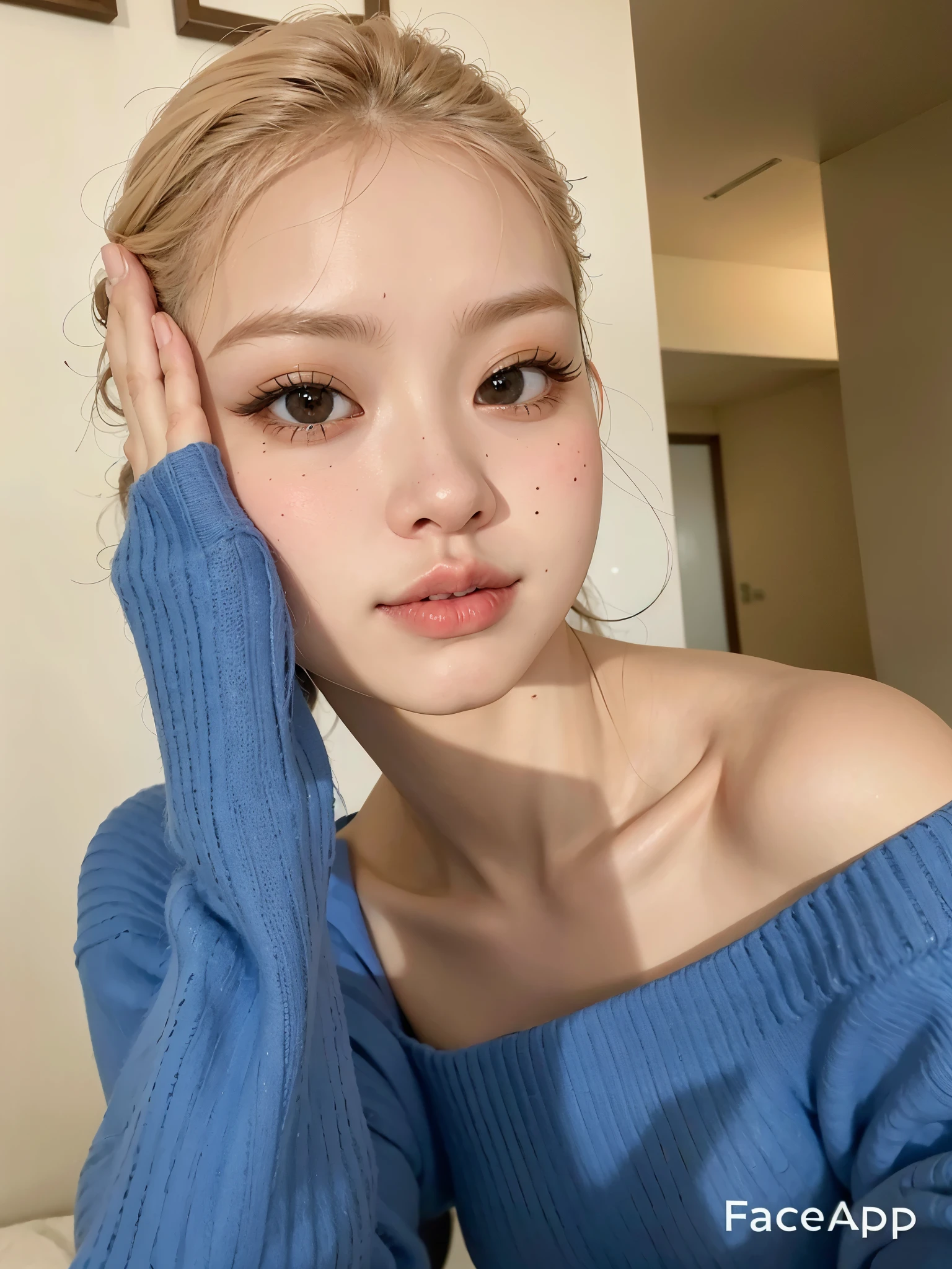 a close-up of a woman in a blue sweater posing for a photo, with fofo - bom - rosto, fotografia selfie 8k, ruan jia linda!, lindo rosto delicado, beautiful chinese model, dilraba dilmurat, beautiful aesthetic face, rosto bonito e bonito, fofo - bom - rosto,  de 19 anos