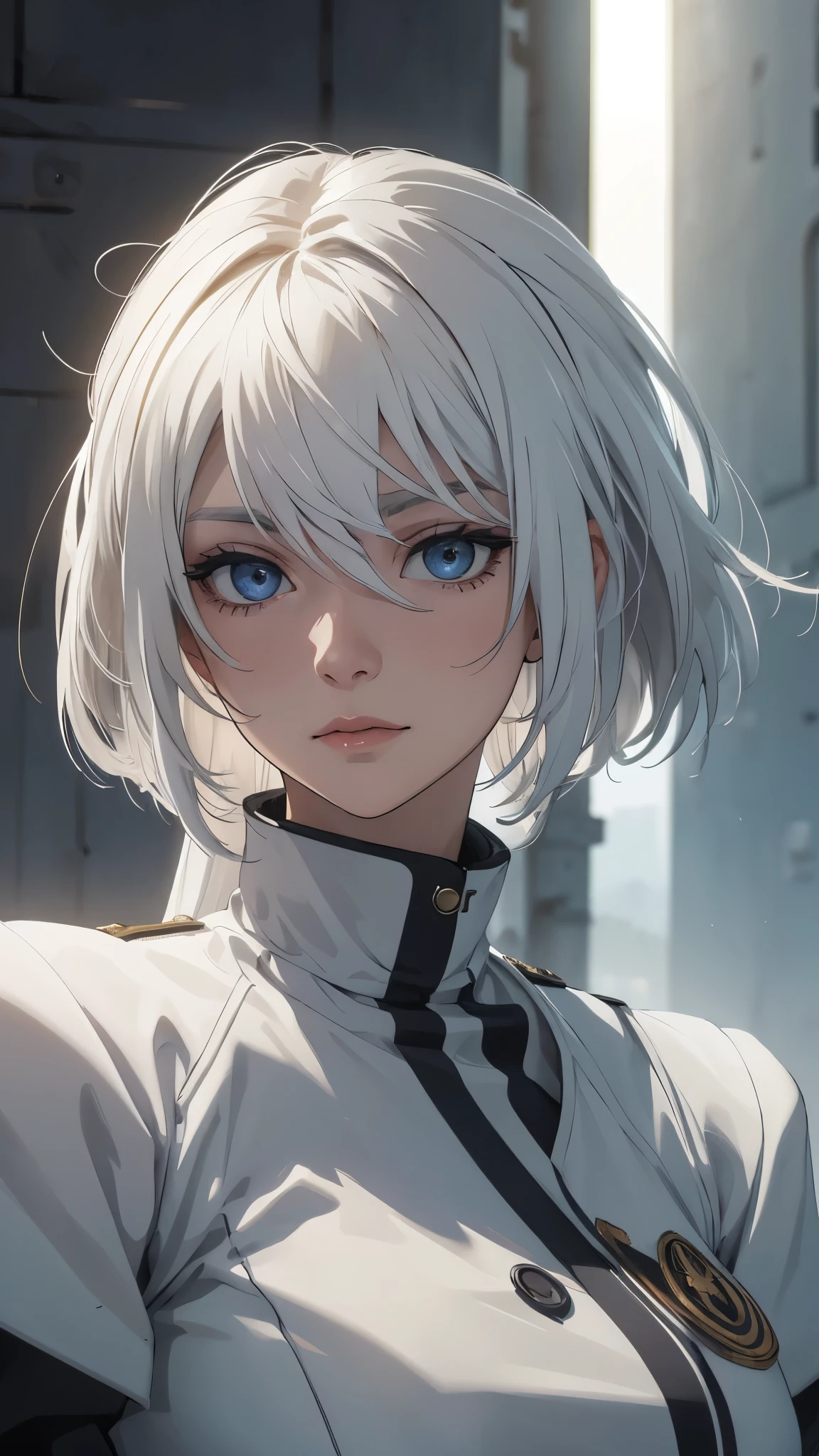 (extremely detailed CG unity 8k wallpaper), (masterpiece), (best quality), (ultra-detailed), (best illustration), (best shadow), (absurdres) ,(detailed eyes), 2b, 1girl, long hair, white hair, solo, Intimidating women, admiral uniform, night, hero pose, white clothes, General Uniform, Military Uniform, Sunlight, exposed to sunlight,commander, fighting pose, wearing cape