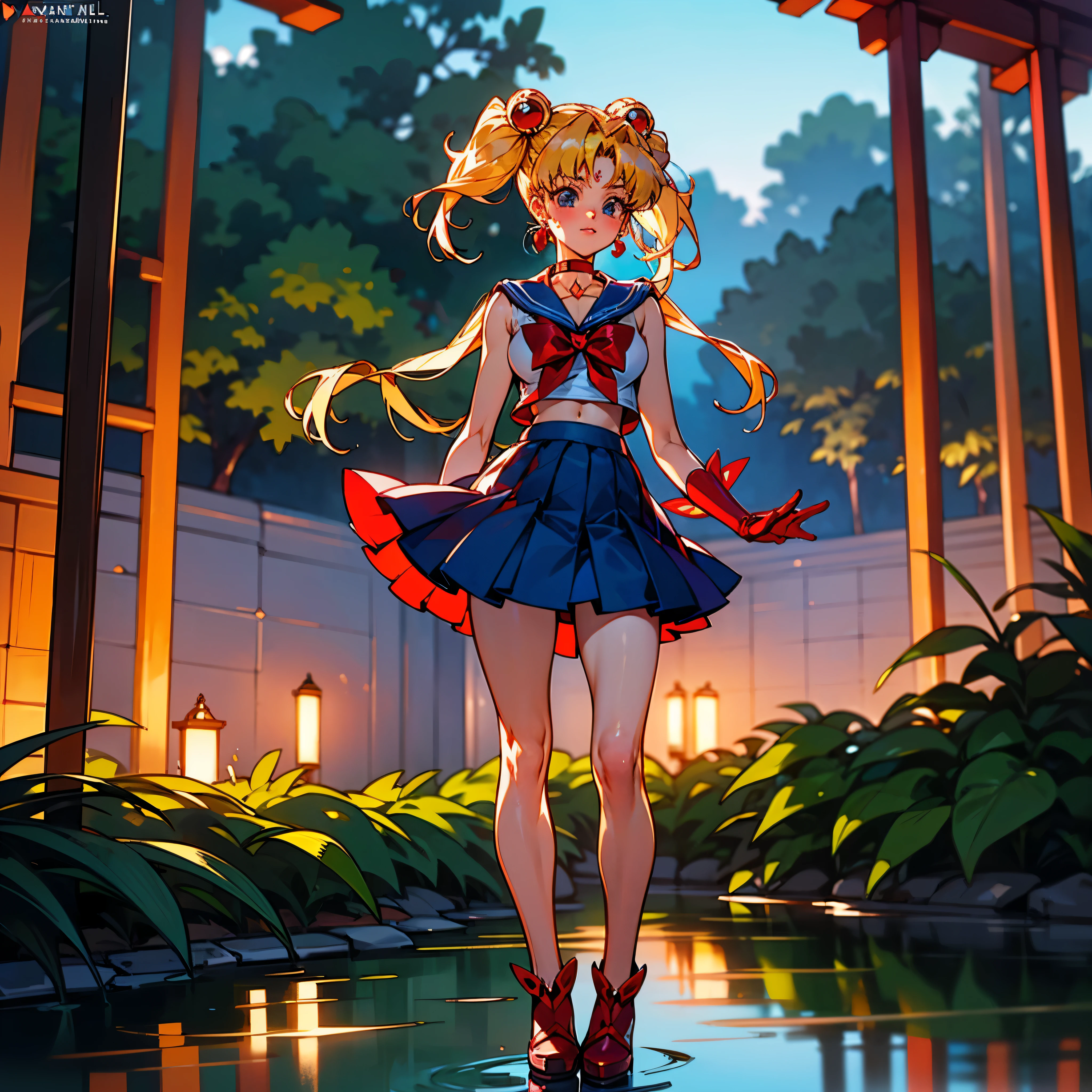 (8k, RAW photo, best quality, masterpiece:1.2), (ultra highres:1.0), detailed illustration, detailed, (realistic, photo-realistic:1.37), detailed beautiful skin,
<lora:Sailor_Moon-01:1> sailor moon, (1 girl: 1.2),(full body:1.2),(hand of Guido Daniele:1.2), slim body, cute, happy, long hair, long leg,thick thighs, cleavage,blue skirt,red bow,blue eyes,blond hair,twin tails,hair bun,hair ornament,blue sailor collar, red choker, red boots, high heels, sailor senshi uniform,
standing in garden,
in water, in onsen, japan temple, torii, outdoors, sunset, plants, japan buildings,photographer, foreground, camera,