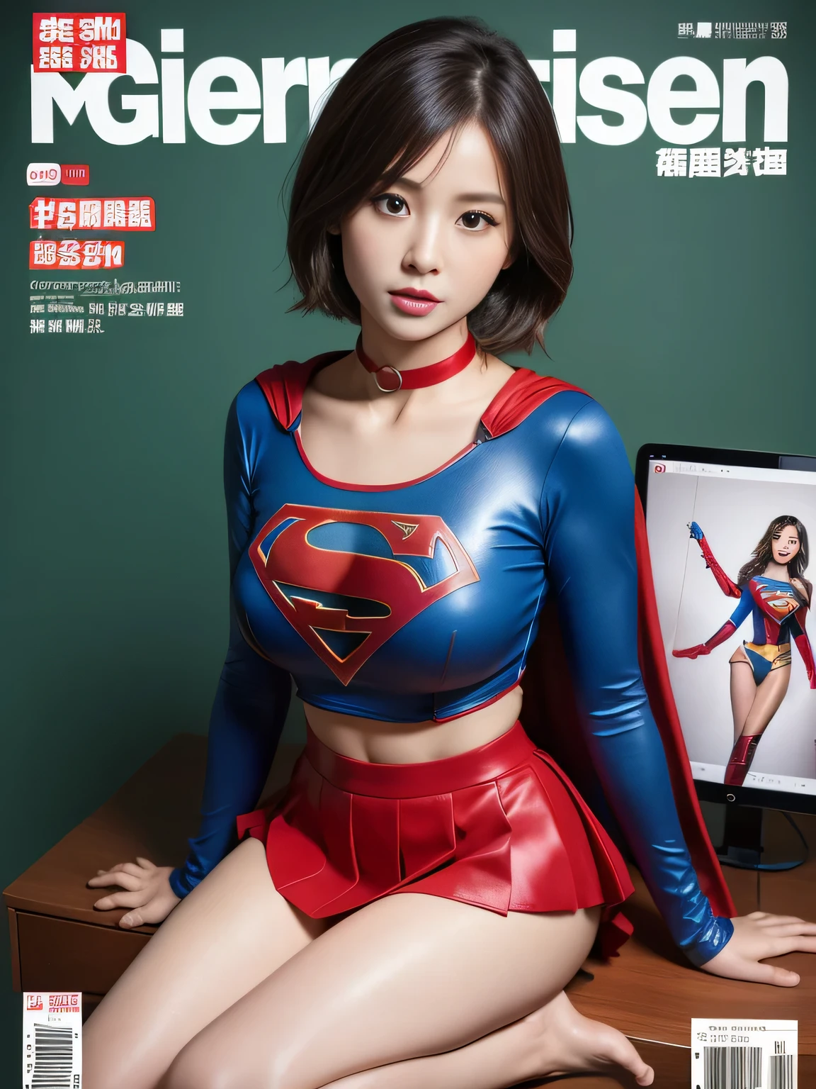 masterpiece,supergirl costume, short hair, barefoot, big and full breasts,operating room、operating table、straddle、damaged、shiny、look at the camera、provocation、Estrus、choker、Weekly magazine cover、long sleeve、red mini skirt、obscene pose、Seduce