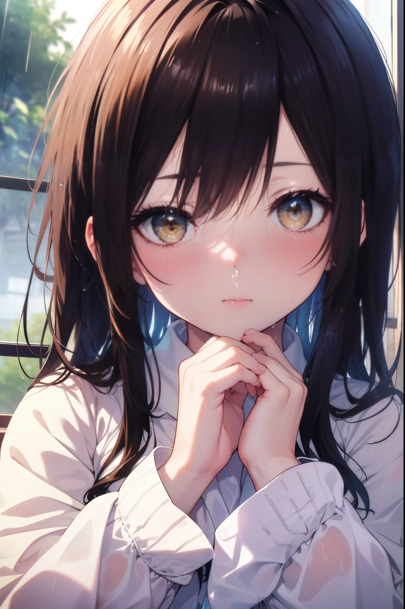 kotegawayui, Yui Kotegawa, black hair, (brown eyes:1.5), rain,cloudy sky,gray cloud long hair,wet hair , wet clothes,Big Y-shirt,black string underwear,Wiping hair with a towel,wet skin,window,blush,embarrassing,
break looking at viewer,
break indoors, Bedroom,
break (masterpiece:1.2), highest quality, High resolution, unity 8k wallpaper, (figure:0.8), (detailed and beautiful eyes:1.6), highly detailed face, Very detailed CG, (perfect hands, perfect anatomy),