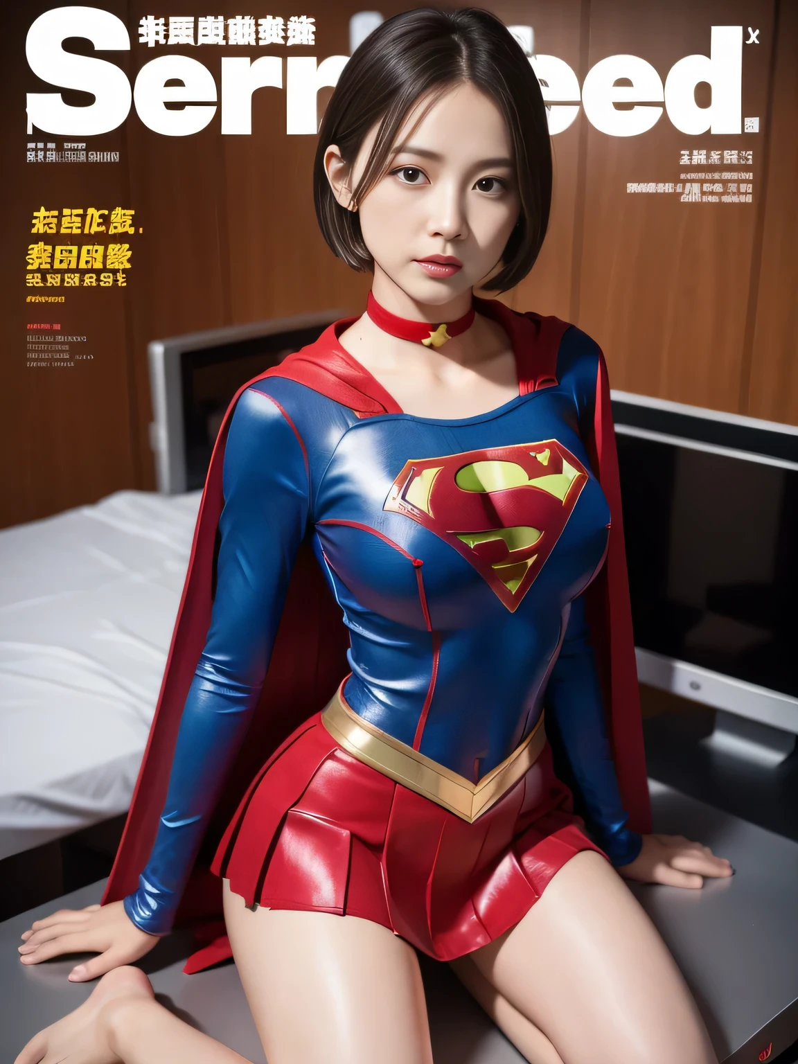 masterpiece,supergirl costume, short hair, barefoot, big and full breasts,operating room、operating table、straddle、damaged、shiny、look at the camera、provocation、Estrus、choker、Weekly magazine cover、long sleeve、red mini skirt、obscene pose、Seduce