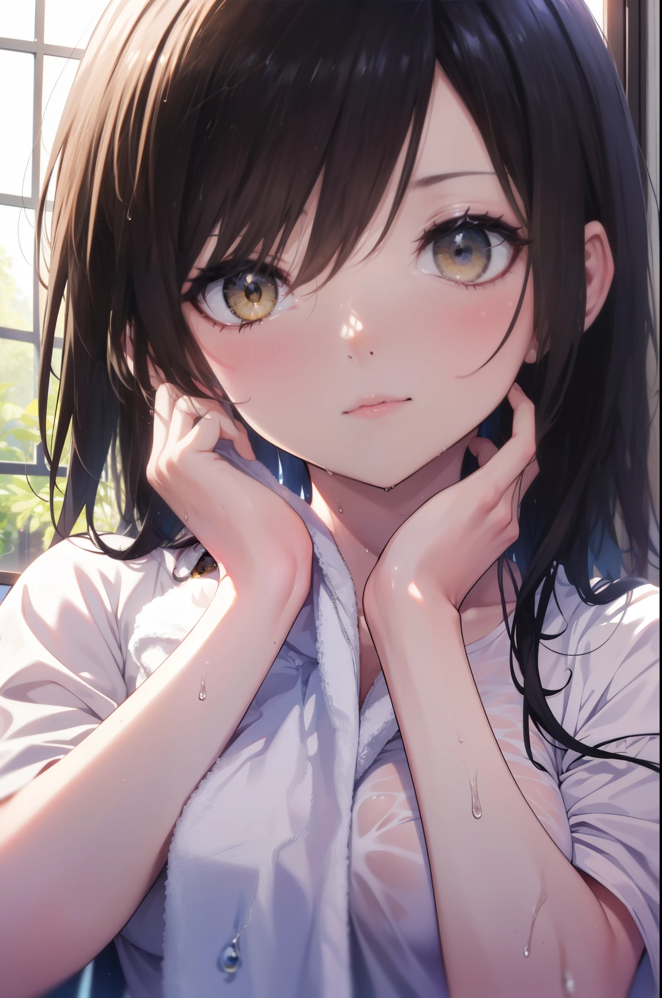 kotegawayui, Yui Kotegawa, black hair, (brown eyes:1.5), rain,cloudy sky,Gray clouds,long hair,wet hair , wet clothes,Big Y-shirt,black string underwear,Wiping hair with a towel,wet skin,window,blush,embarrassing,
break looking at viewer,
break indoors, Bedroom,
break (masterpiece:1.2), highest quality, High resolution, unity 8k wallpaper, (figure:0.8), (detailed and beautiful eyes:1.6), highly detailed face, Very detailed CG, (perfect hands, perfect anatomy),
