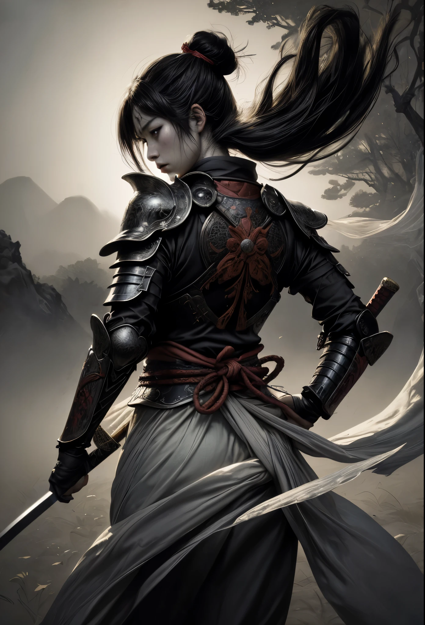 a  heart-touching scene when a beautiful samurai girl warrior, with broken armor and torn clothes, full of scar and blood, sad seeing her comrade death at war