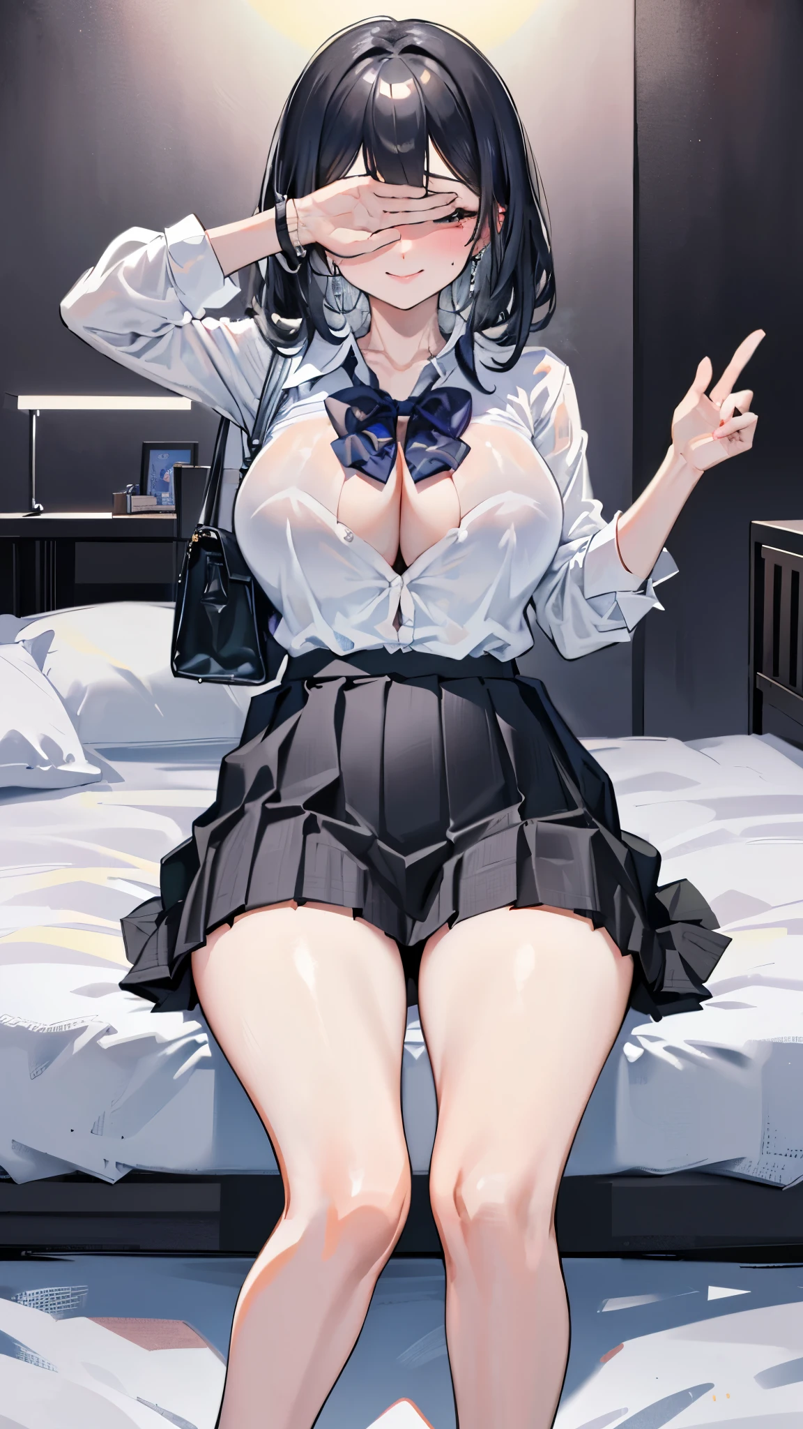 (8K、Highest image quality、highest quality、masterpiece)、detailed face、1 girl、gyaru、black hair、medium hair、diagonal bangs、((Covering eyes Pose:1.1))、evil smile、earrings、((big breasts))、((white shirt))、((open clothes))、((black pleated skirt))、((micro miniskirt))、cowboy shot、sit on bed、bedroom background
