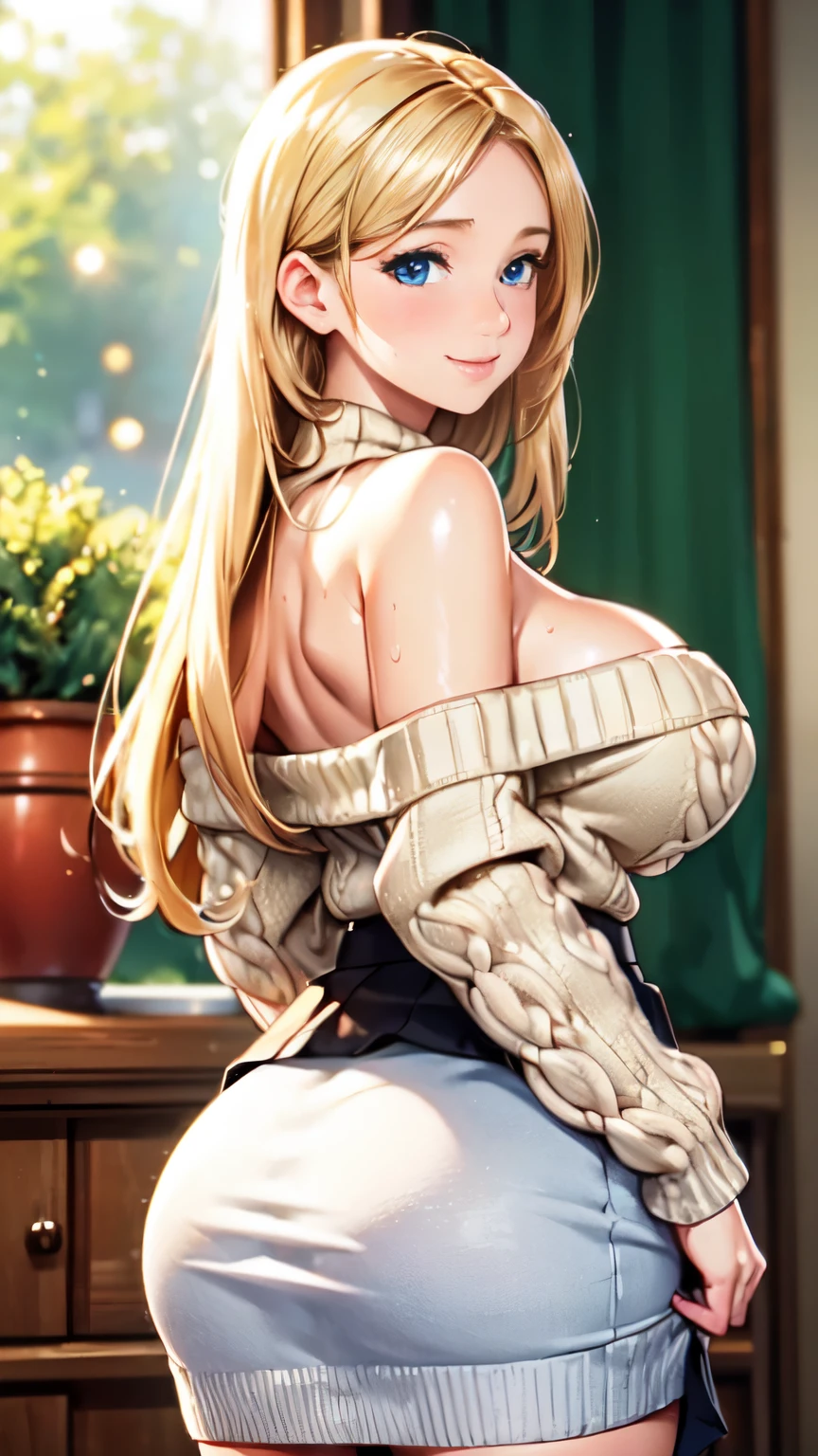 (High quality, High resolution, Fine details), from behind,from back, big ass,Realistic, cozy setting, women with elegant style, (beautiful detailed off-shoulder sweater:1.2), Santa sweater,Christmas clothes,solo, curvy women, blond hair, long hair, sparkling eyes, (Detailed eyes:1.2), smile, blush, Sweat, Oily skin, skirt,tight skirt,miniskirt,shallow depth of field, natural lighting, soft-focus, dreamlike atmosphere, soft and warm texture, bokeh effect,big tits,huge tits, cleavage